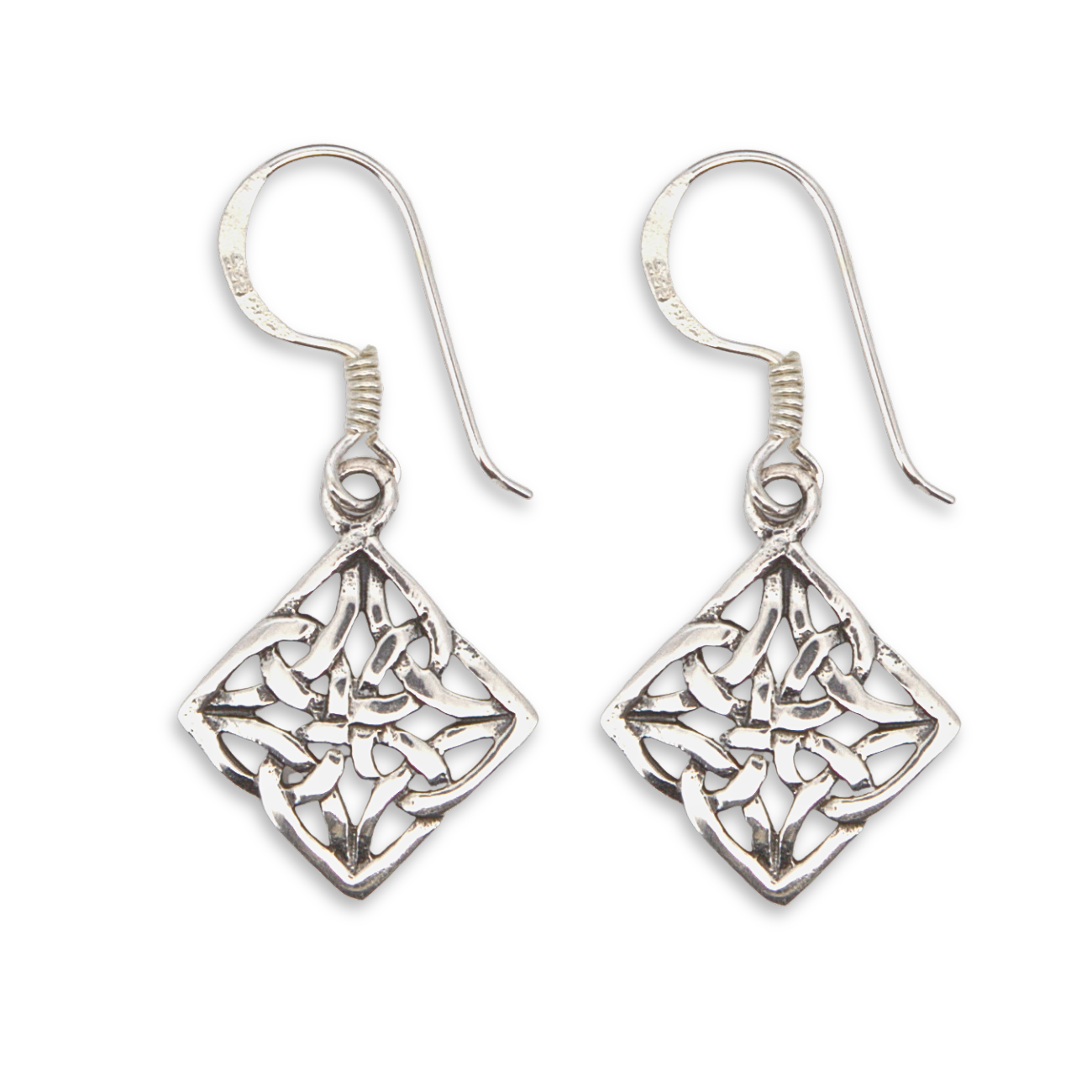 Sterling Silver Celtic Knotwork Drop Earrings, diamond frame design