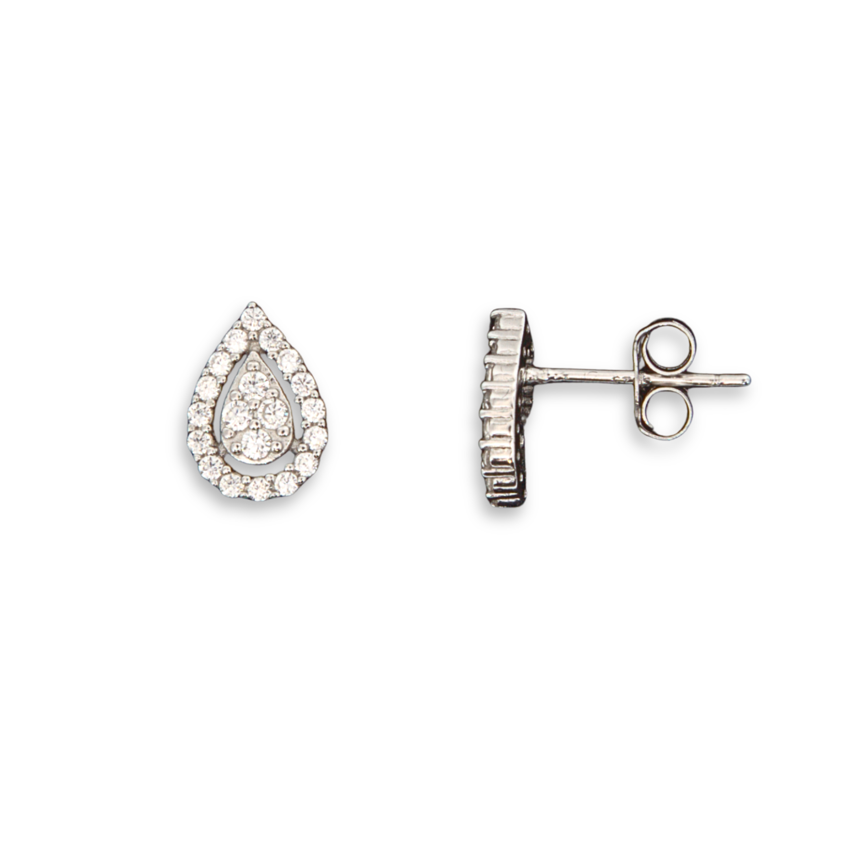 Sterling Silver Teardrop Stud Earrings, Pave-Set CZ