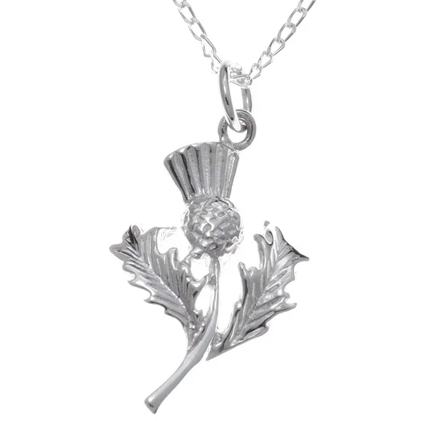 Sterling Silver Scottish Thistle Pendant, feathered head, crosshatched globe, naturalistic leaf detail.