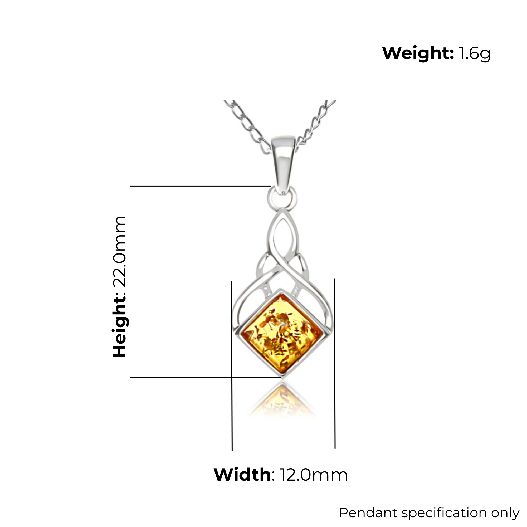 Sterling Silver Celtic Knotwork Pendant, natural amber square-cut stone, bezel set, product dimensions shown, width 12mm, height 22mm, weight 1.6g, pendant specification only