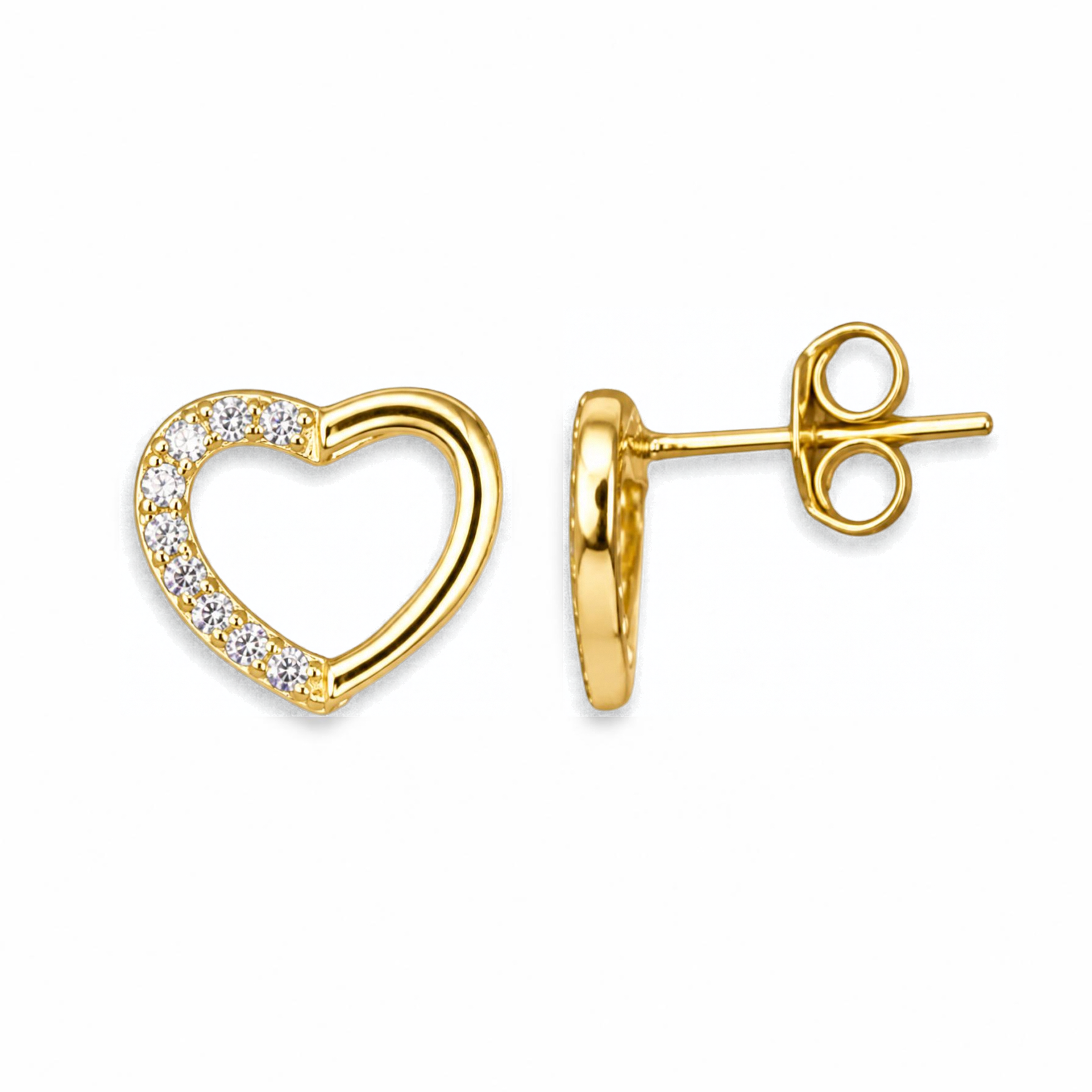 Sterling Silver Open Heart Stud Earrings, Gold Plated, Pave-Set CZ
