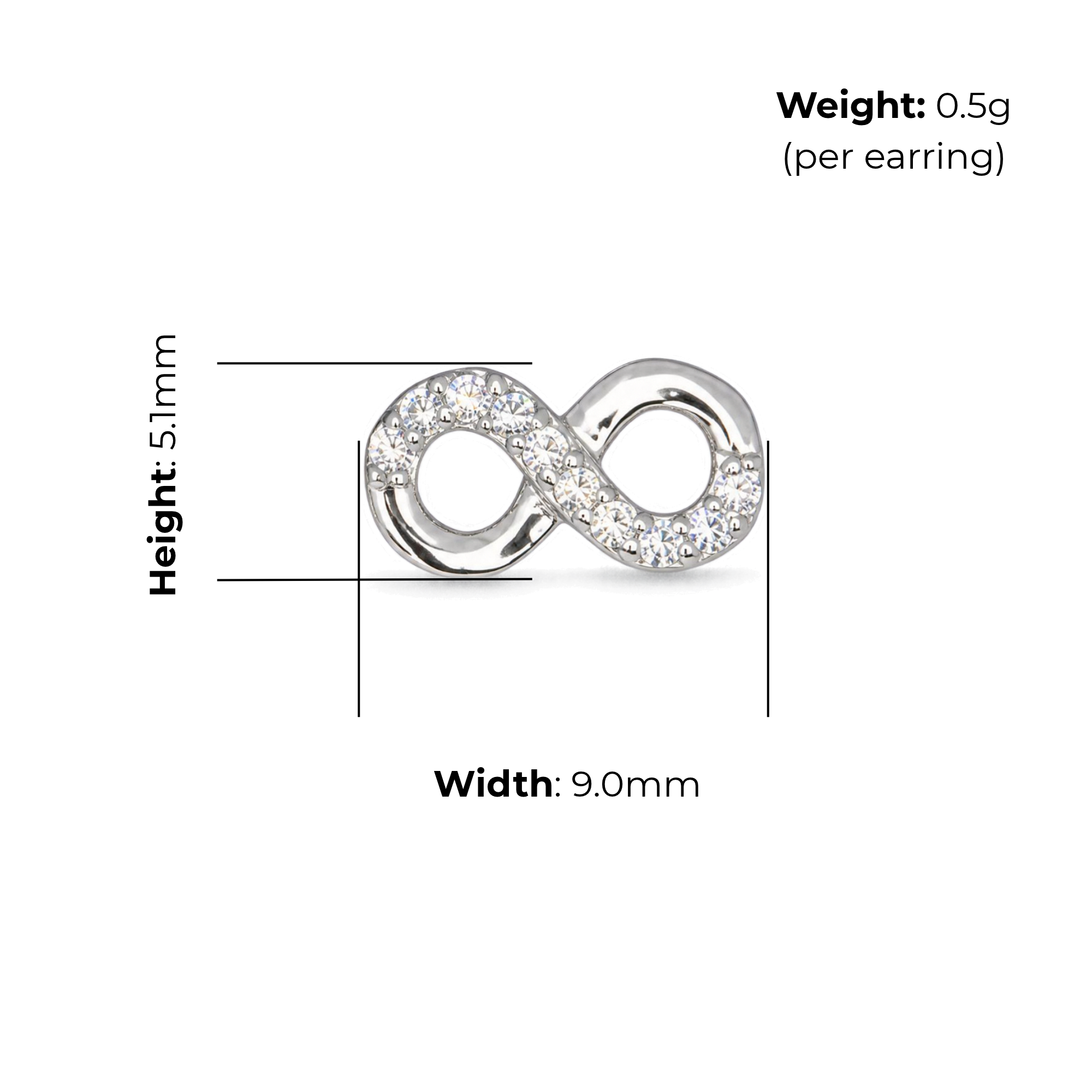 Sterling Silver Infinity Stud Earrings, pave-set CZ, product dimensions shown, width 9.0mm, height 5.1mm, weight 0.5g per earring.