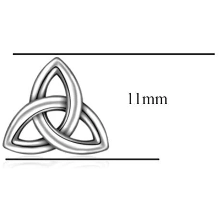 Sterling Silver Celtic Trinity Knot Stud Earrings, open triquetra design, high mirror polish, push back fitting, product dimensions shown, height 11mm