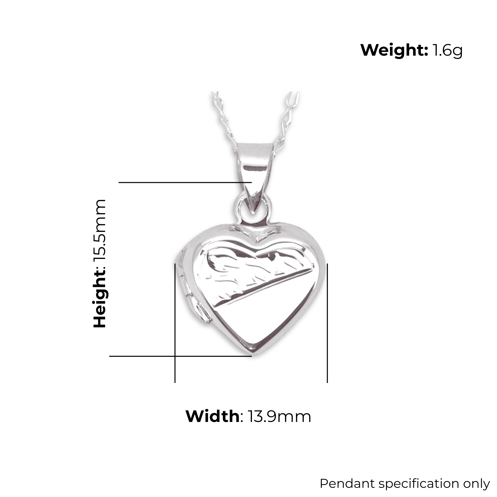 Sterling Silver Heart Locket, hand engraved scroll design, product dimensions shown, width 13.9mm, height 15.5mm, weight 1.6g