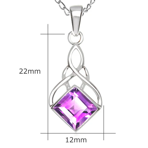 Sterling Silver Celtic Knotwork Pendant, square-cut amethyst stone, bezel set, product dimensions shown, width 12 mm by height 22mm
