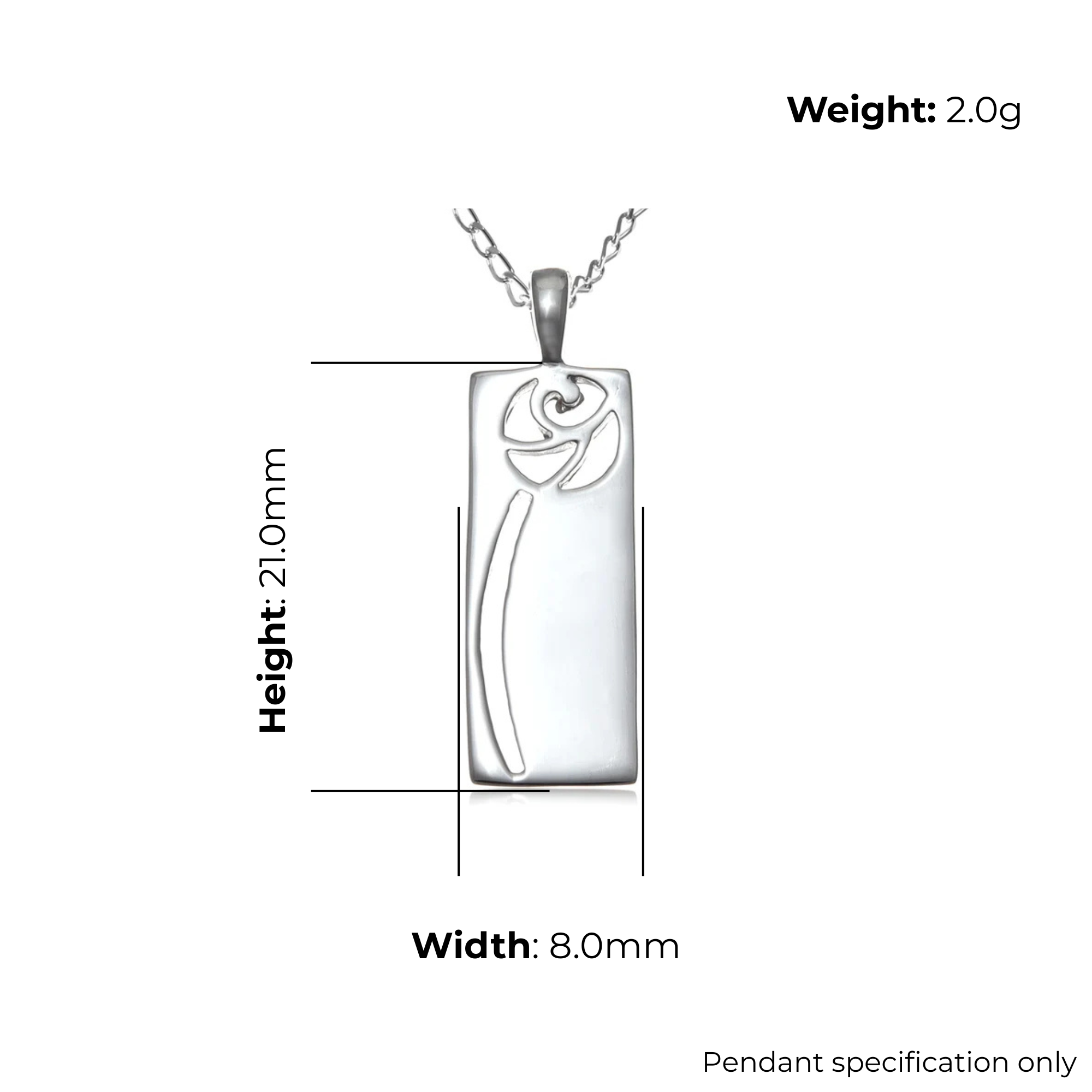 Sterling Silver Charles Rennie Mackintosh Panel Pendant, pierced rose design, product dimensions shown, width 8mm, height 21mm, weight 2g, pendant specification only