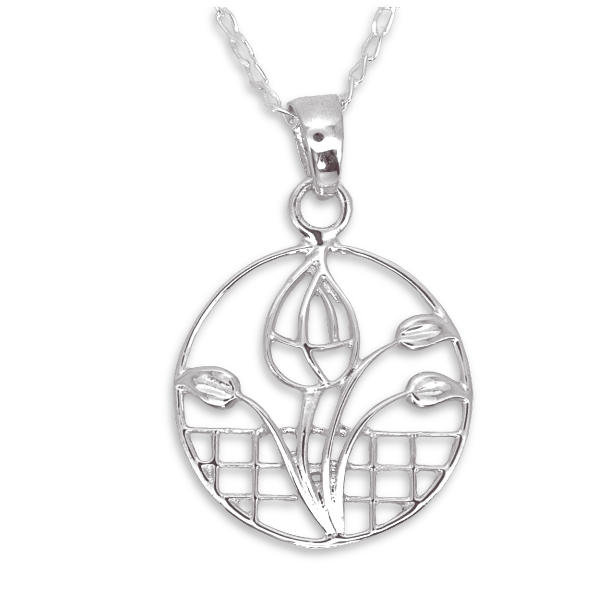 Sterling Silver Charles Rennie Mackintosh Rose Circle Pendant, sculpted rose design
