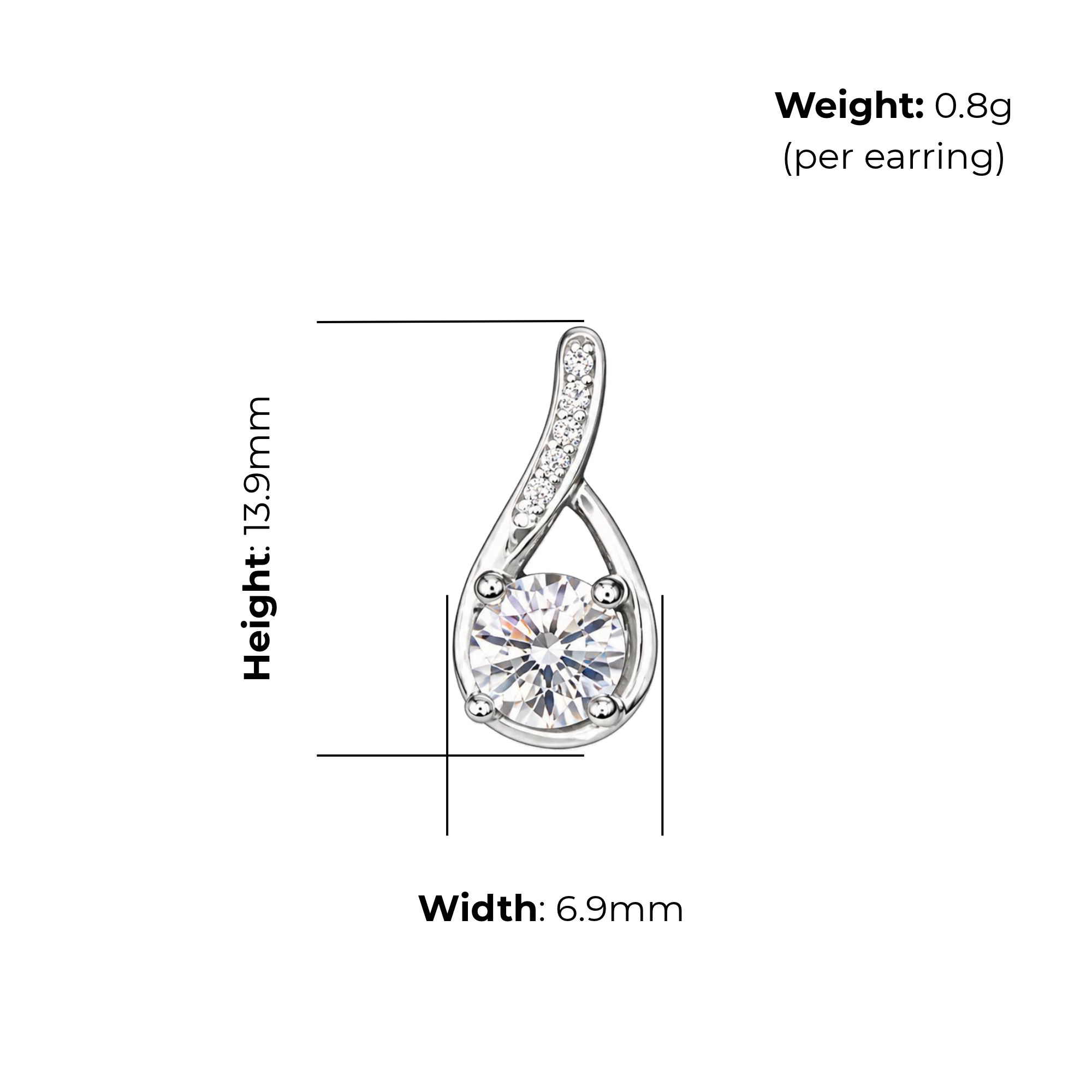 Sterling Silver Twist Top CZ Drop Earrings, product dimensions shown, width 6.9mm, height 13.9mm, weight 0.8g per earring