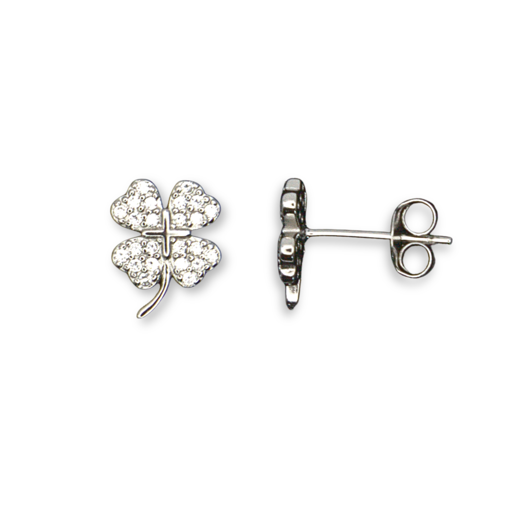 Sterling Silver Four-Leaf Clover Stud Earrings, Pave-Set CZ Detail