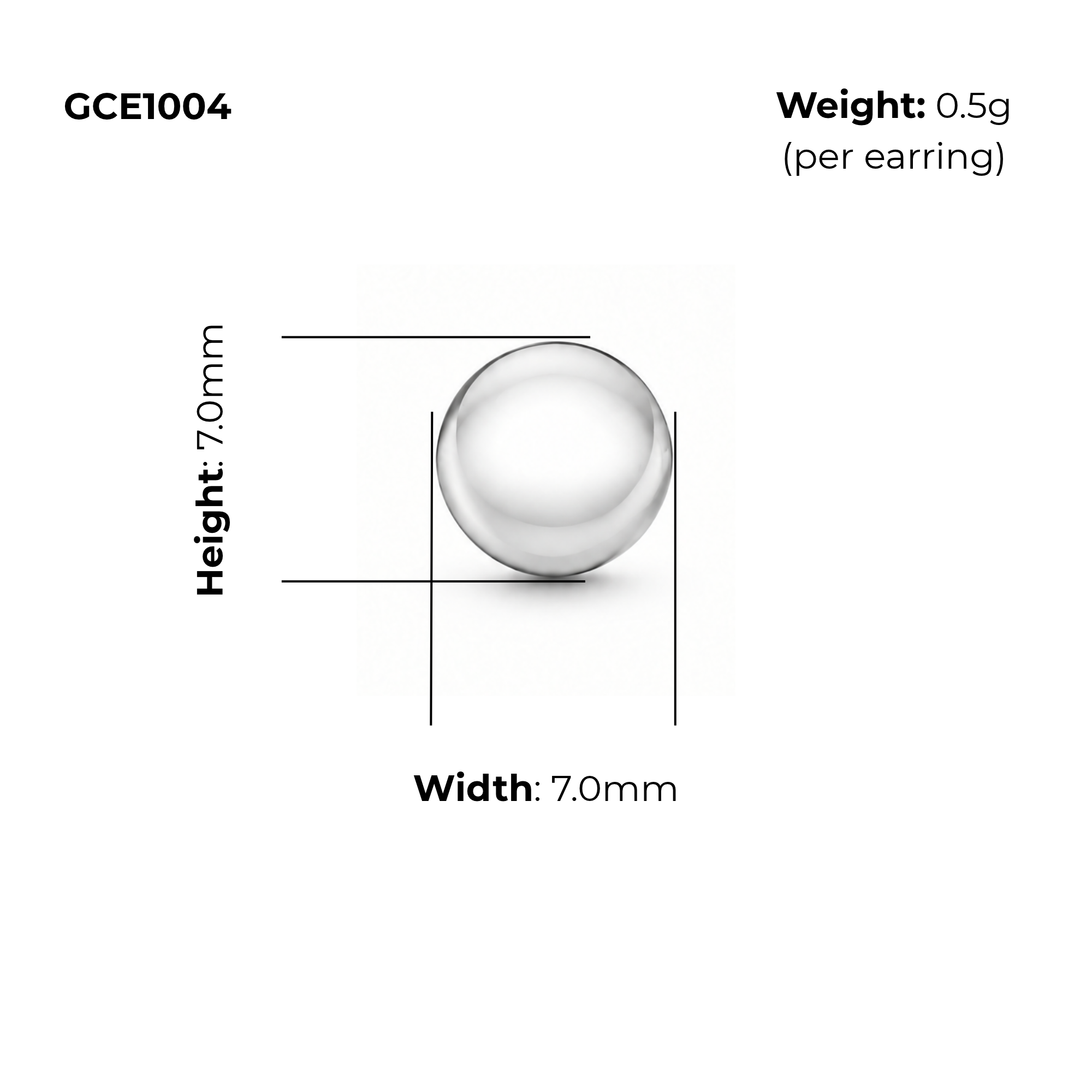 Sterling Silver Ball Stud Earrings, Polished Finish, product code GCE1004, product dimensions shown, width 7.0mm, height 7.0mm, weight 0.5g per earring.
