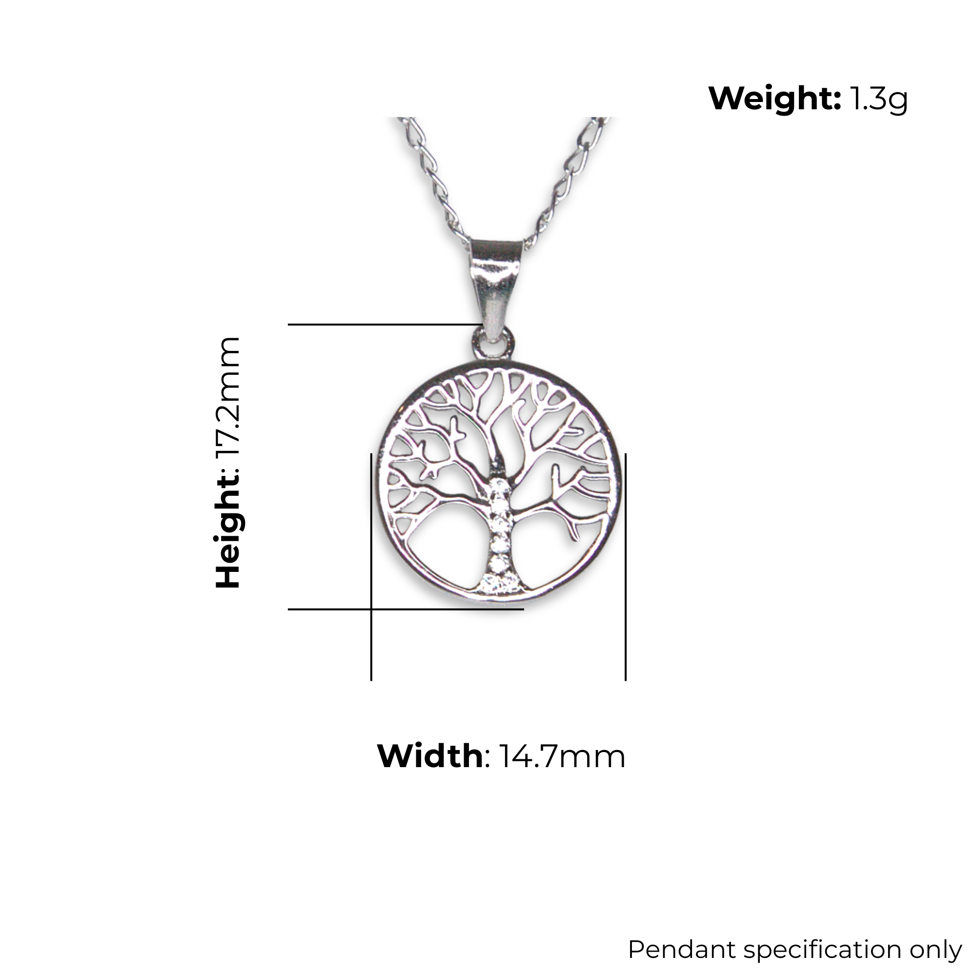 Sterling Silver Tree of Life Pendant, Open Branch Design, product dimensions shown, width 14.7mm, height 17.2mm, weight 1.3g, pendant specification only.
