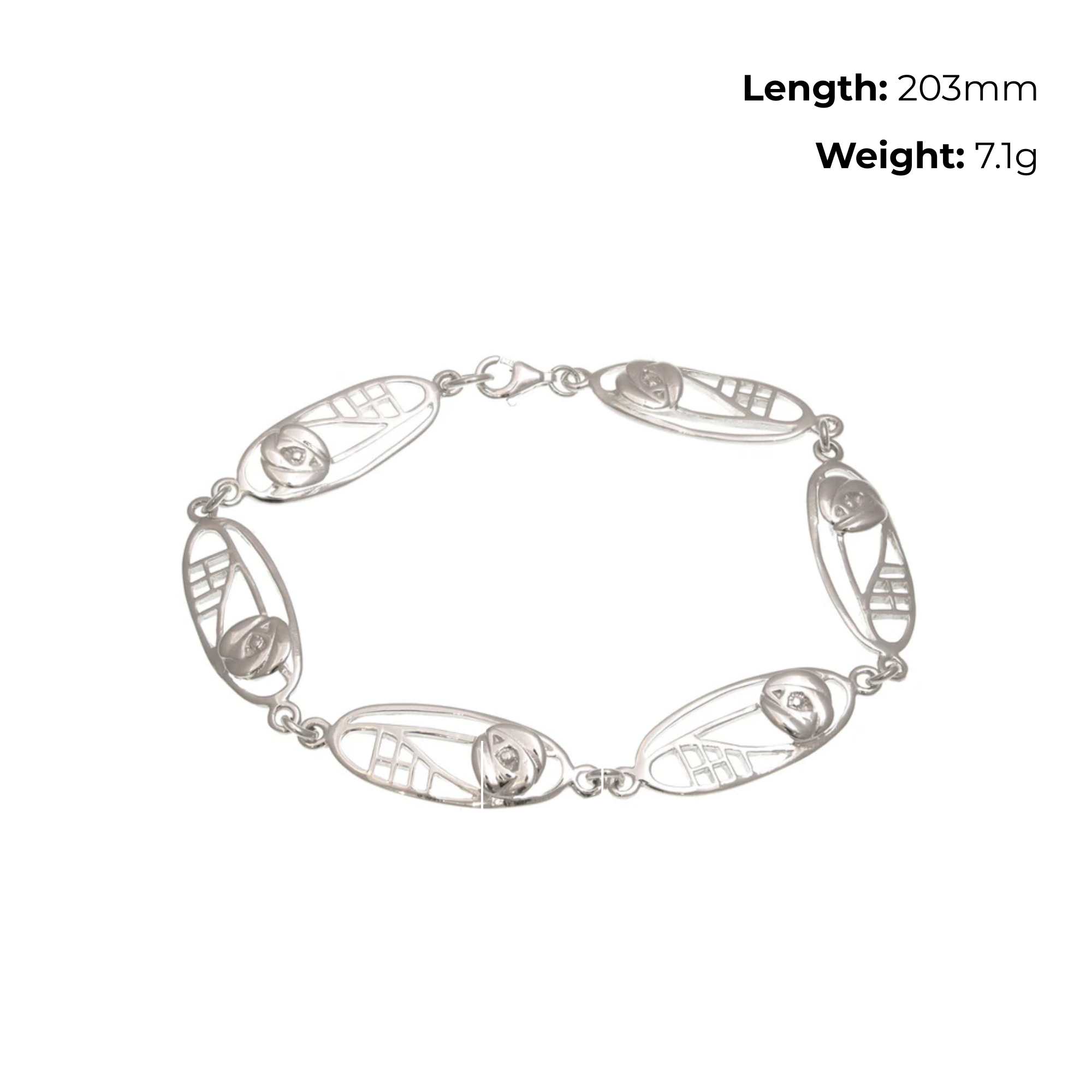 Sterling Silver Charles Rennie Mackintosh Marquise Link Bracelet, rose bud design, product dimensions shown, length 203mm, weight 7.1g