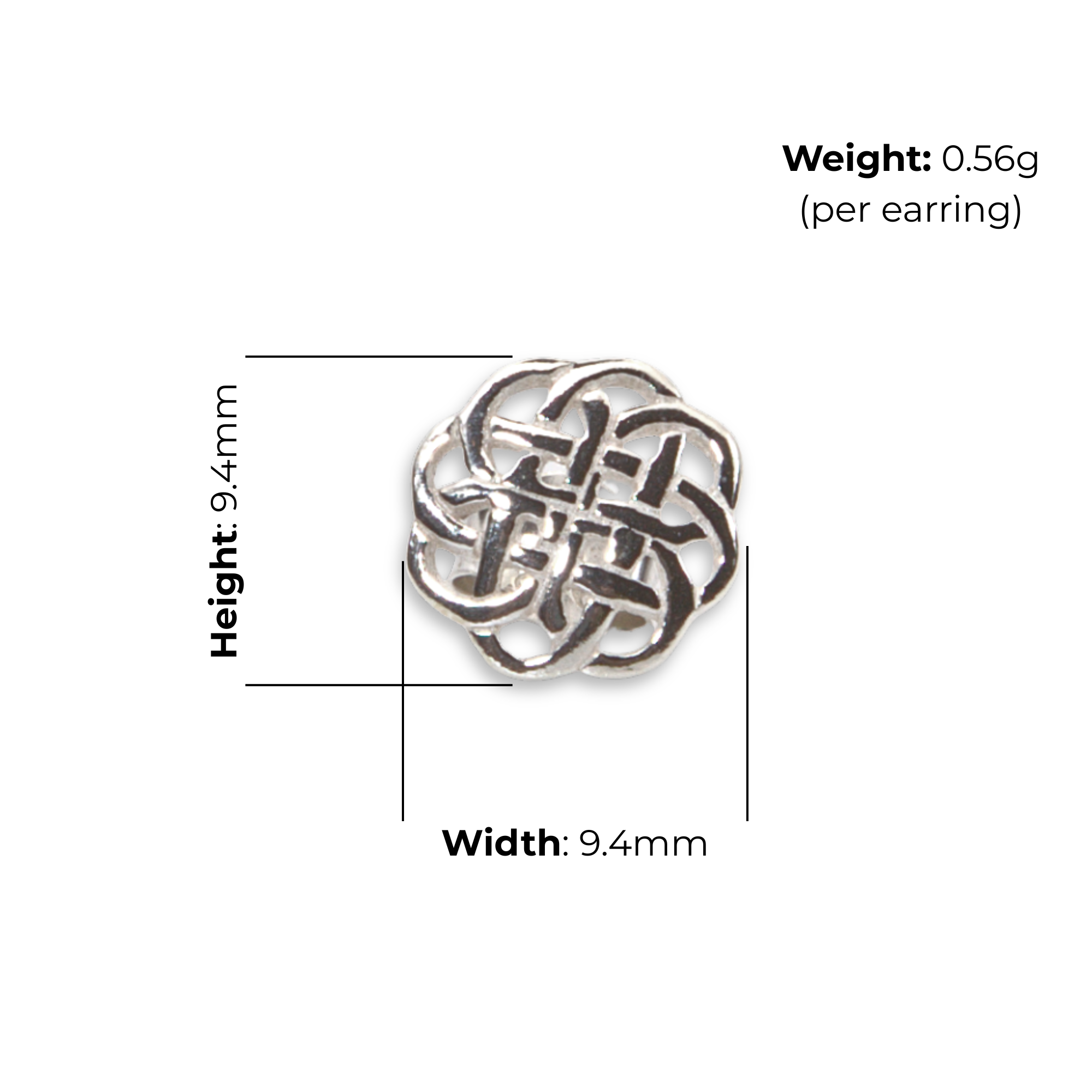 Sterling Silver Celtic Basketweave Knotwork Stud Earrings, dense plaitwork, high mirror polish, push back fitting, product dimensions shown, width 9.4mm, height 9.4mm, weight 0.56g per earring
