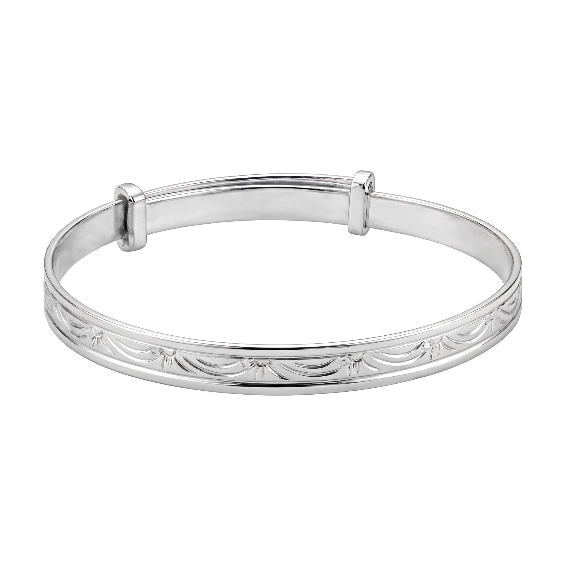 Sterling Silver Expandable Baby Bangle, engraved swag and floral pattern, 43–50mm diameter, 4mm band, 3.9g.