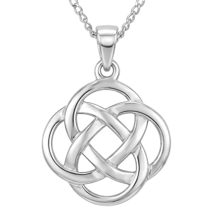 Sterling silver Celtic knotwork round pendant, four-lobed interlaced design, high mirror polish, 16mm
