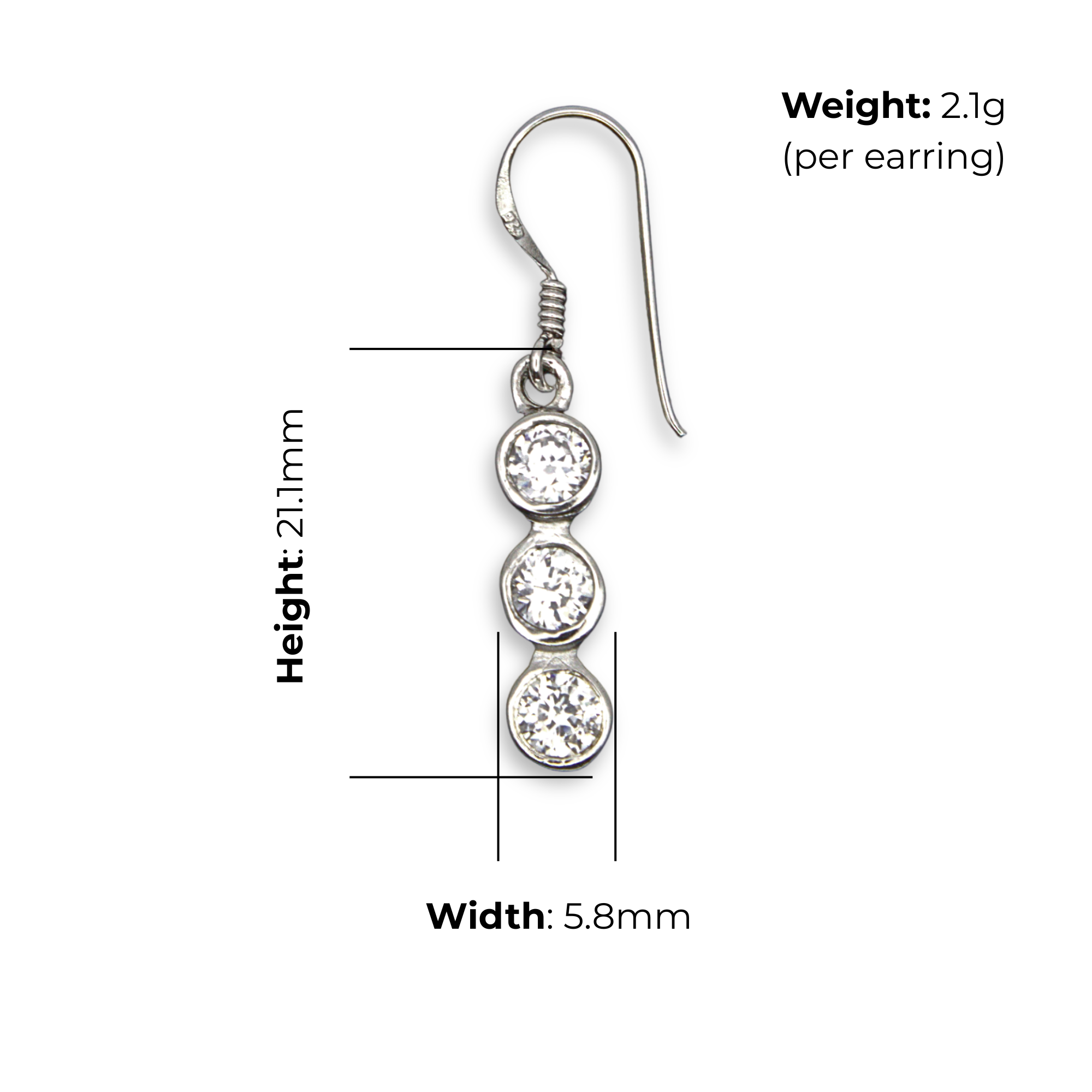 Sterling Silver Three Stone CZ Drop Earrings, product dimensions shown, width 5.8mm, height 21.1mm, weight 2.1g per earring.