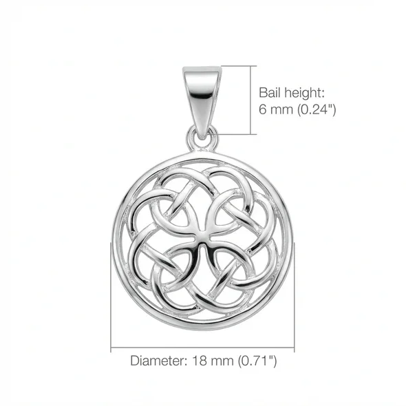 Sterling Silver Celtic Knotwork Round Pendant, open five-loop interlaced design, high mirror polish, product dimensions shown, diameter 18mm, bail height 6mm
