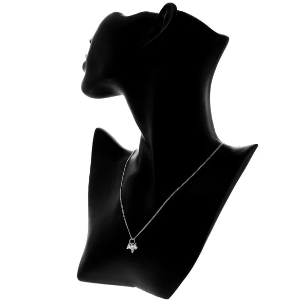 Sterling Silver Scottish Terrier Pendant, sculpted Scottie dog form, engraved coat detail, shown on modelling bust at neckline