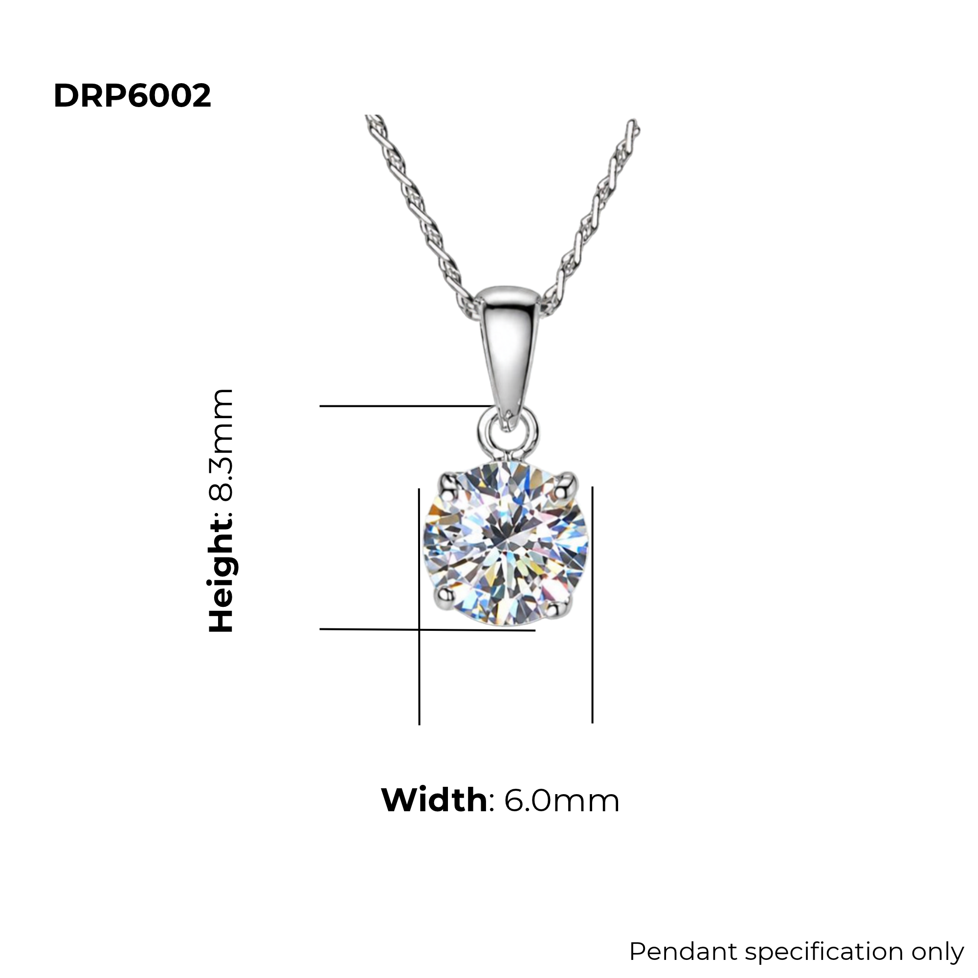 Sterling Silver Round CZ Solitaire Pendant, DRP6002 product dimensions shown, width 6mm, height 8.3mm, pendant specification only