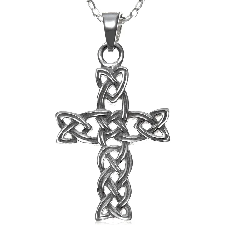 Large Sterling Silver Celtic cross pendant, fully interlaced open plaitwork knotwork throughout arms and shaft, 36mm