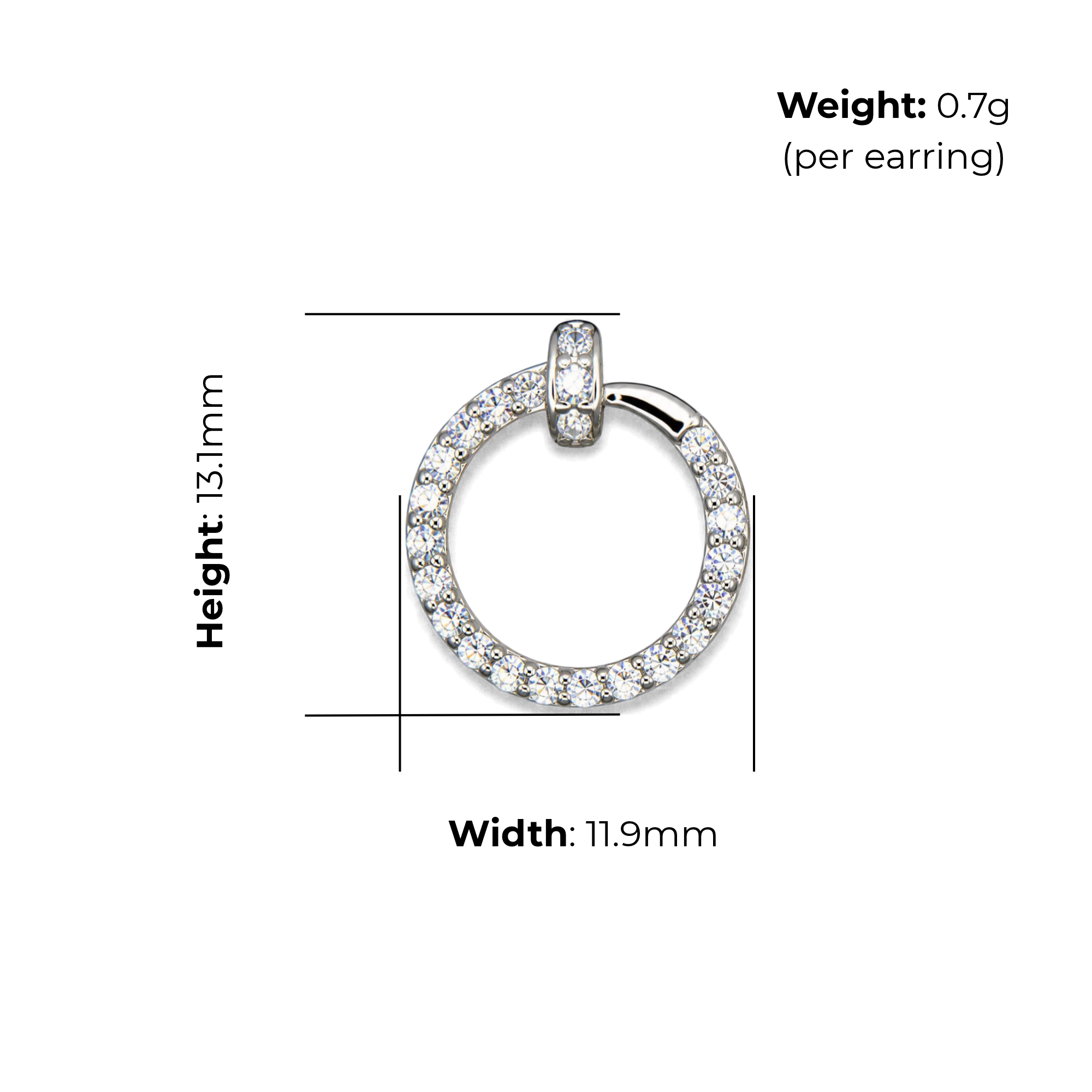 Sterling Silver Open Circle Stud Earrings, Pave-Set CZ, product dimensions shown, width 11.9mm, height 13.1mm, weight 0.7g per earring.