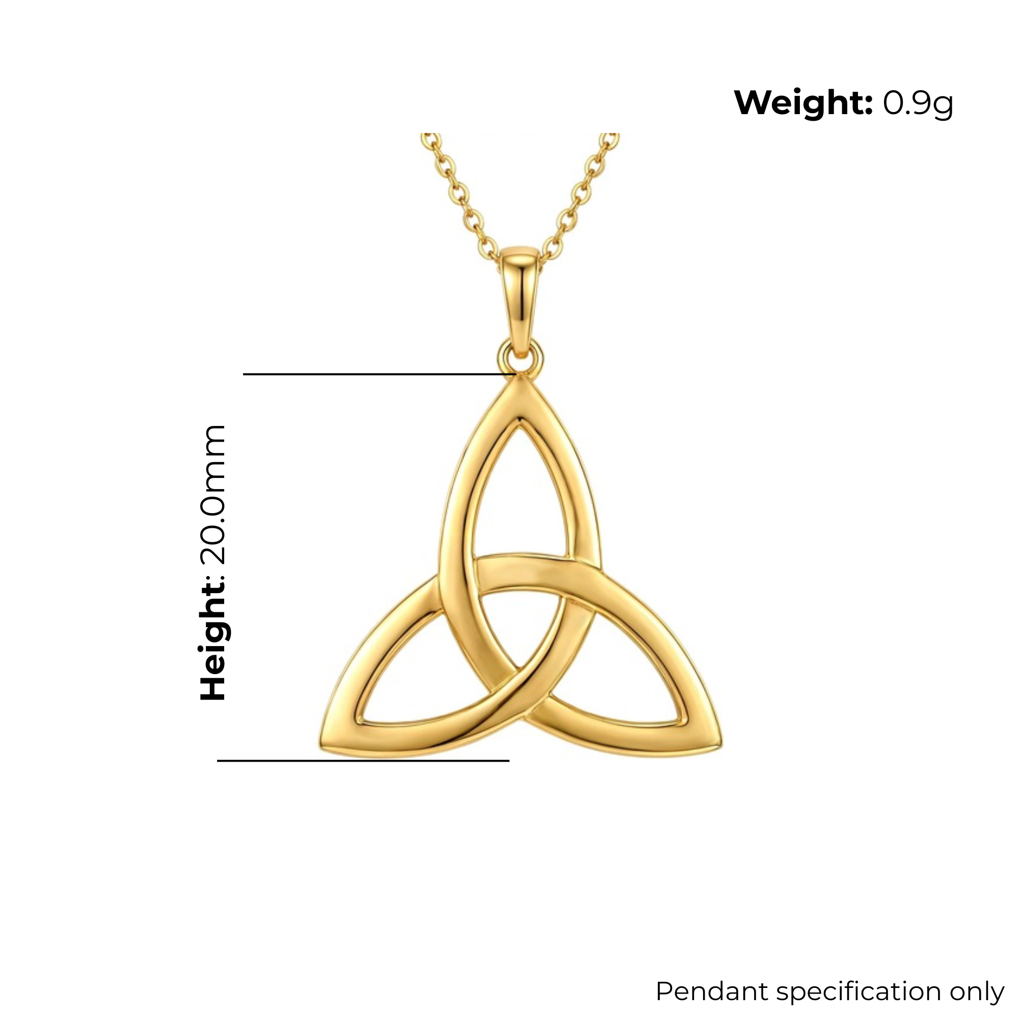 Gold Plated Sterling Silver Celtic Trinity Knot Pendant, triquetra design, mirror polish, product dimensions shown, height 20mm, weight 0.9g, pendant specification only