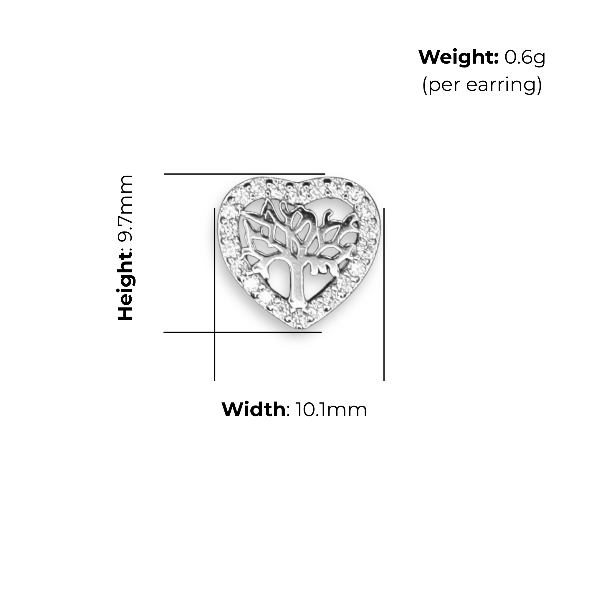 Sterling Silver Tree of Life Heart Stud Earrings, Pave-Set CZ Border, product dimensions shown, width 10.1mm, height 9.7mm, weight 0.6g per earring.
