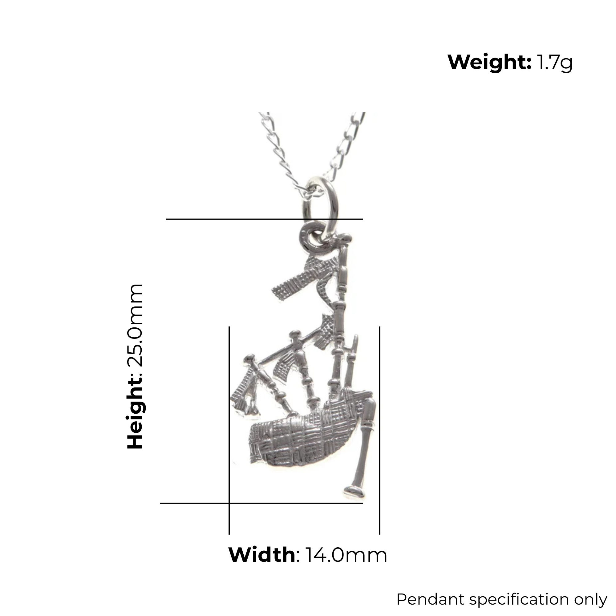 Sterling Silver Scottish Bagpipes Pendant, large format, fanned drone arrangement, fringe detail, product dimensions shown, width 14mm, height 25mm, weight 1.7g, pendant specification only