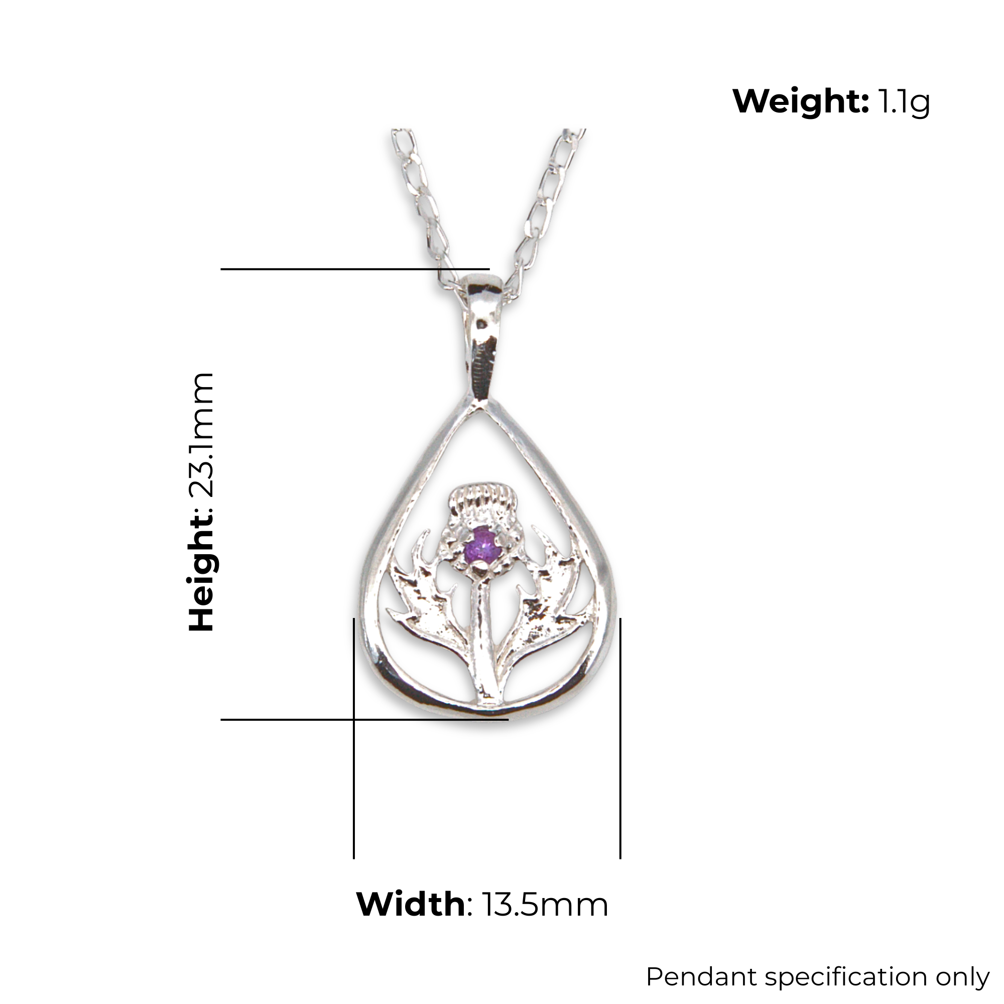 Sterling Silver Scottish Thistle Pendant, purple stone, teardrop frame, product specifications shown, width 13.5mm, height 23.1mm, weight 1.1g, pendant specification only