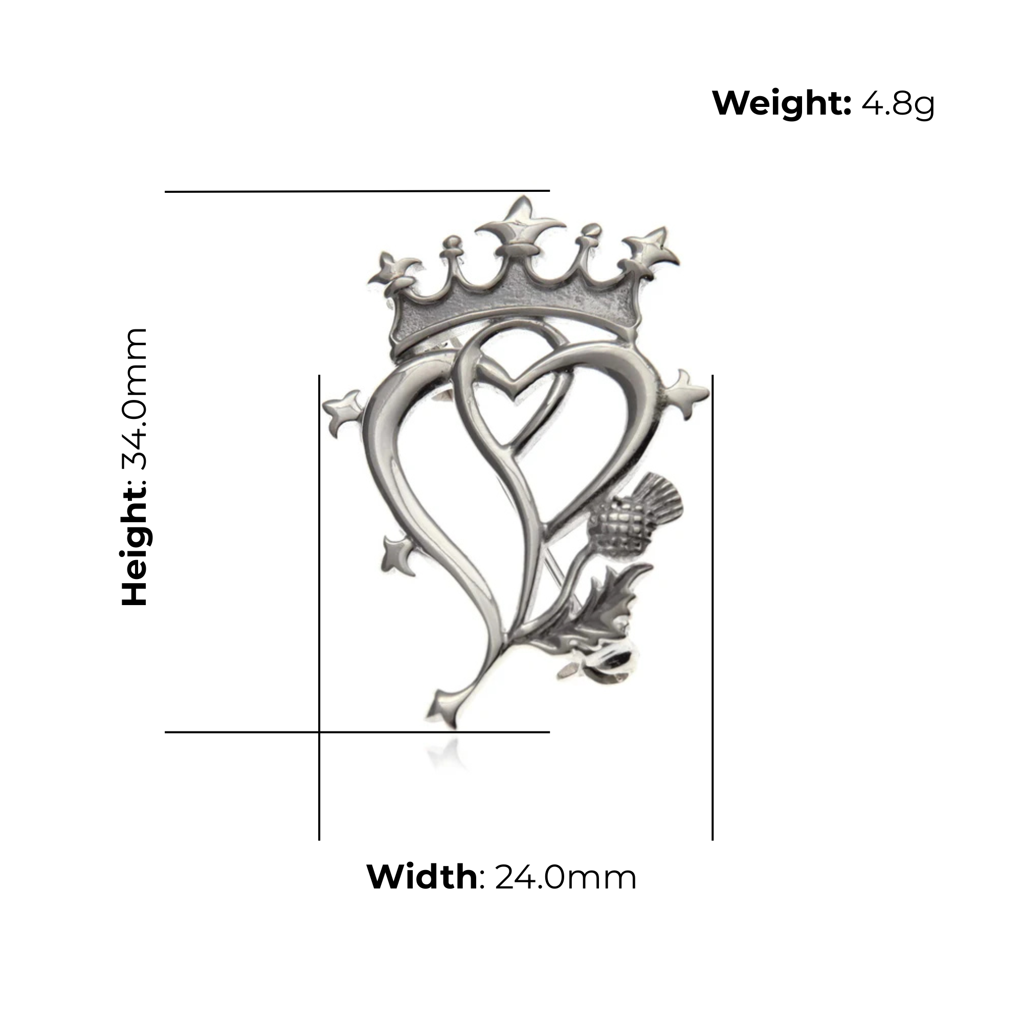 Sterling Silver Luckenbooth Brooch, hearts with thistle design, product dimensions shown, width 24mm, height 34mm, weight 4.8g