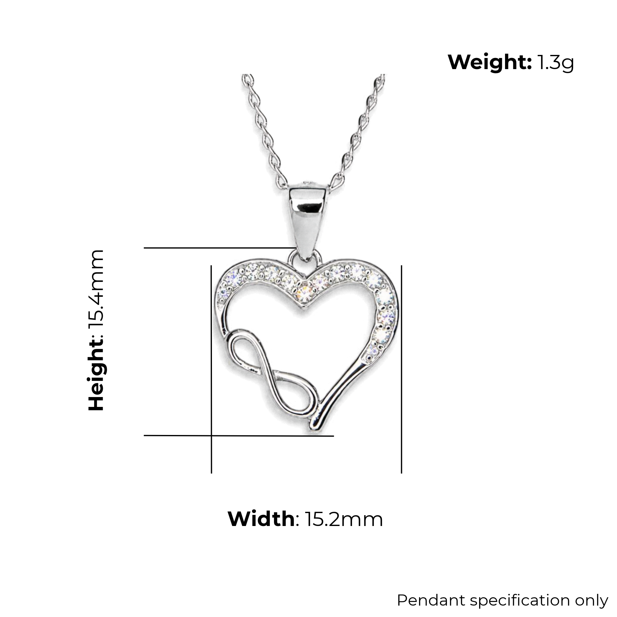 Sterling Silver Heart Pendant, Infinity Accent with CZ, product dimensions shown, width 15.2mm, height 15.4mm, weight 1.3g, pendant specification only