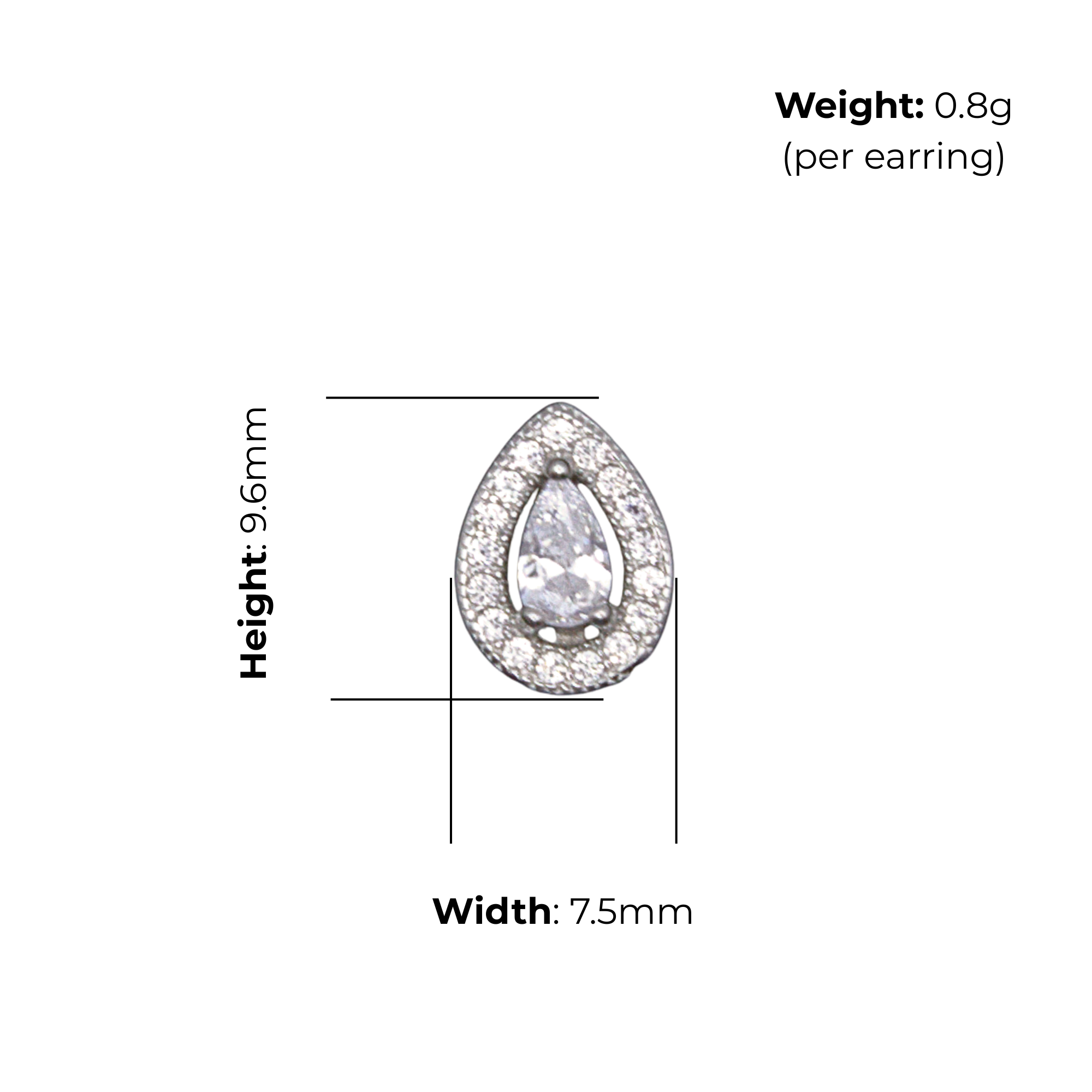Sterling Silver Pear-Cut CZ Halo Stud Earrings, product dimensions shown, width 7.5mm, height 9.6mm, weight 0.8g per earring
