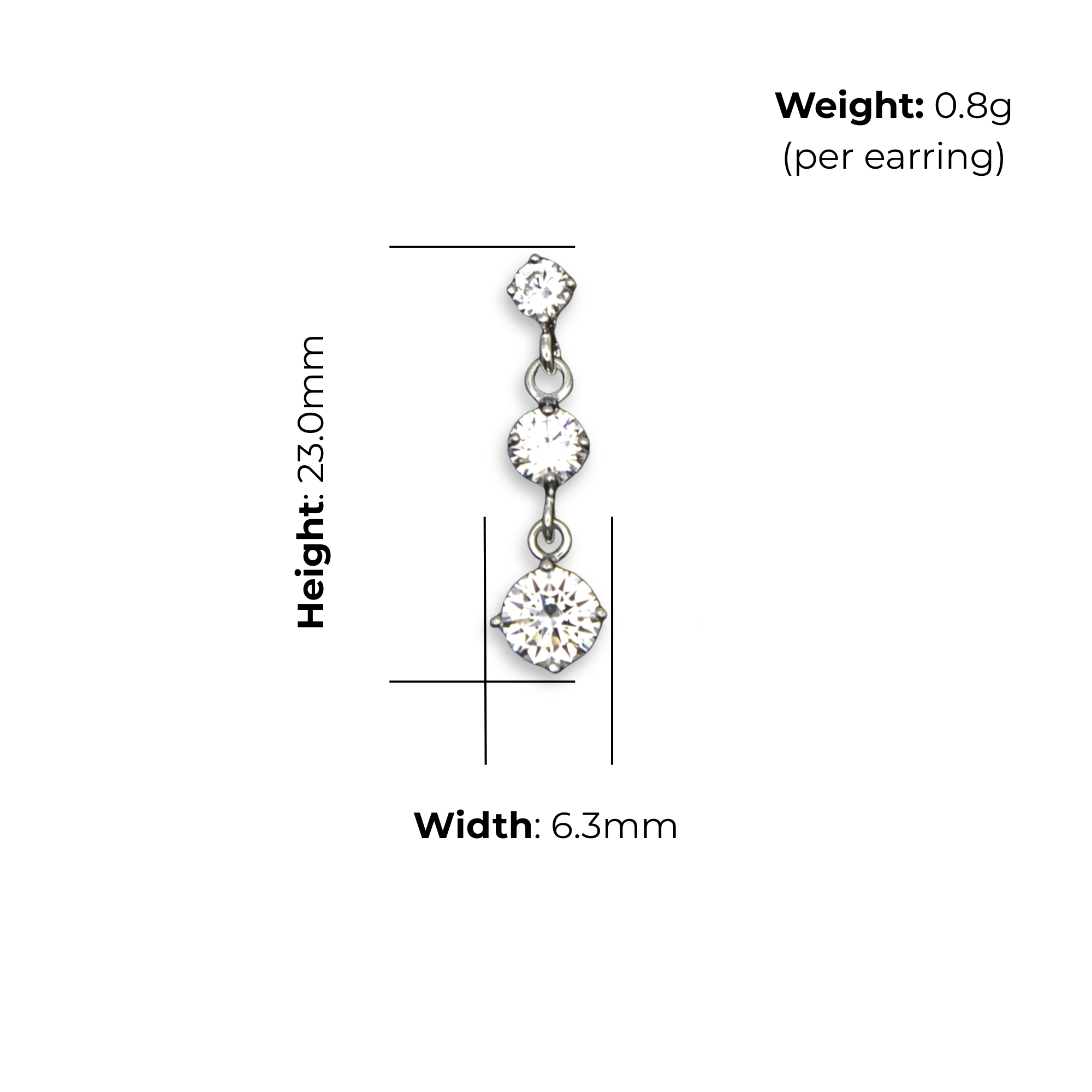 Sterling Silver Three Stone CZ Stud Drop Earrings, product dimensions shown, width 6.3mm, height 23.0mm, weight 0.8g per earring.