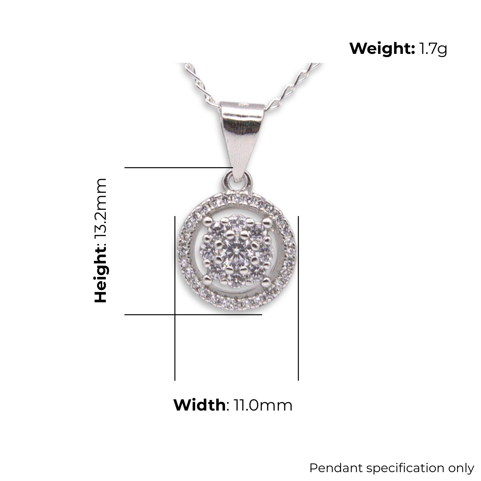 Sterling Silver CZ Cluster Halo Pendant, product dimensions shown, width 11mm, height 13.2mm, weight 1.7g pendant specification only