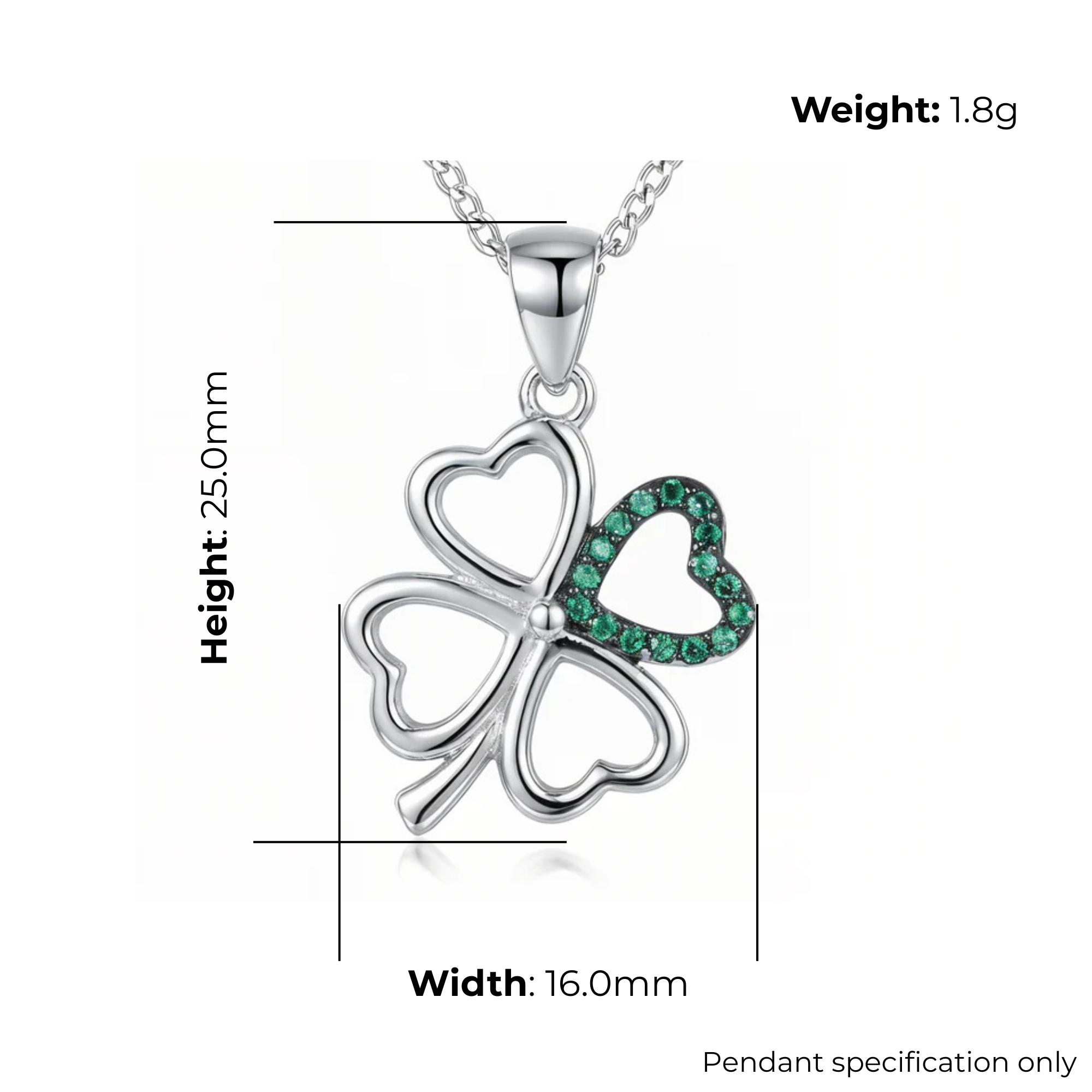 Sterling Silver Celtic Four Leaf Clover Pendant, open heart lobes, green CZ set, product dimensions shown, width 16mm, height 25mm, weight 1.8g, pendant specification only