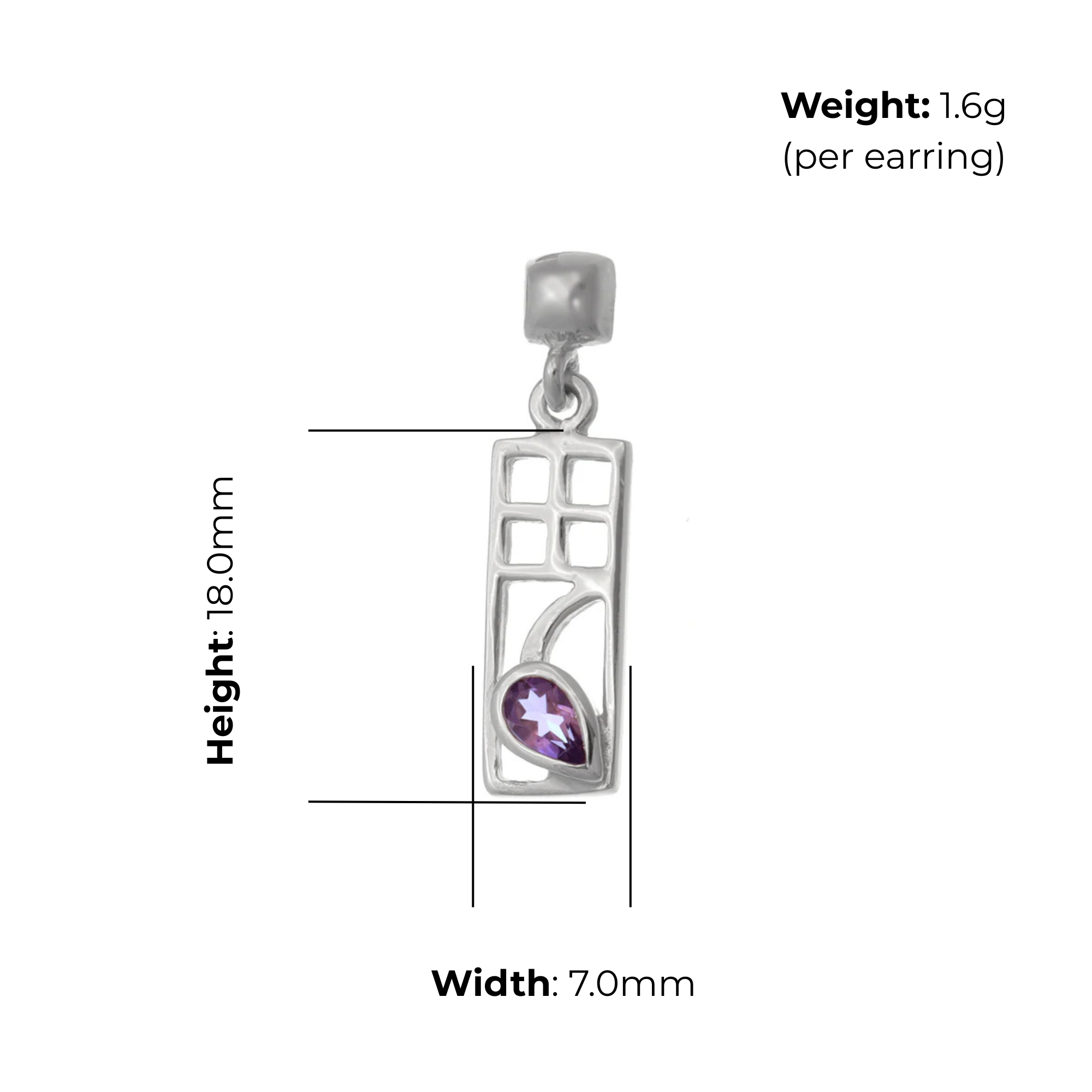 Sterling Silver Charles Rennie Mackintosh Column Drop Earrings, amethyst, product dimensions shown, width 7mm, height 18mm, weight 1.6g per earring