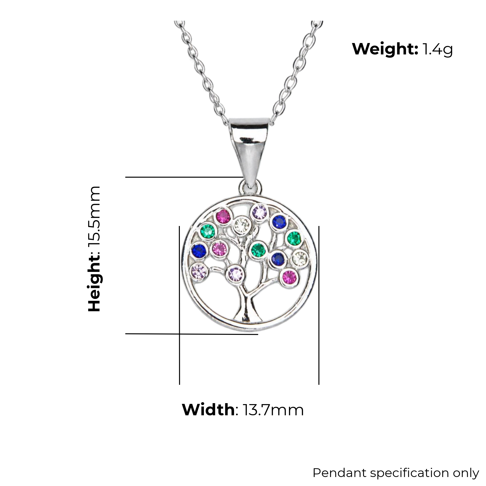 Sterling Silver Tree of Life Pendant, Multi-Colour CZ Detail, product dimensions shown, width 13.7mm, height 15.5mm, weight 1.4g, pendant specification only.