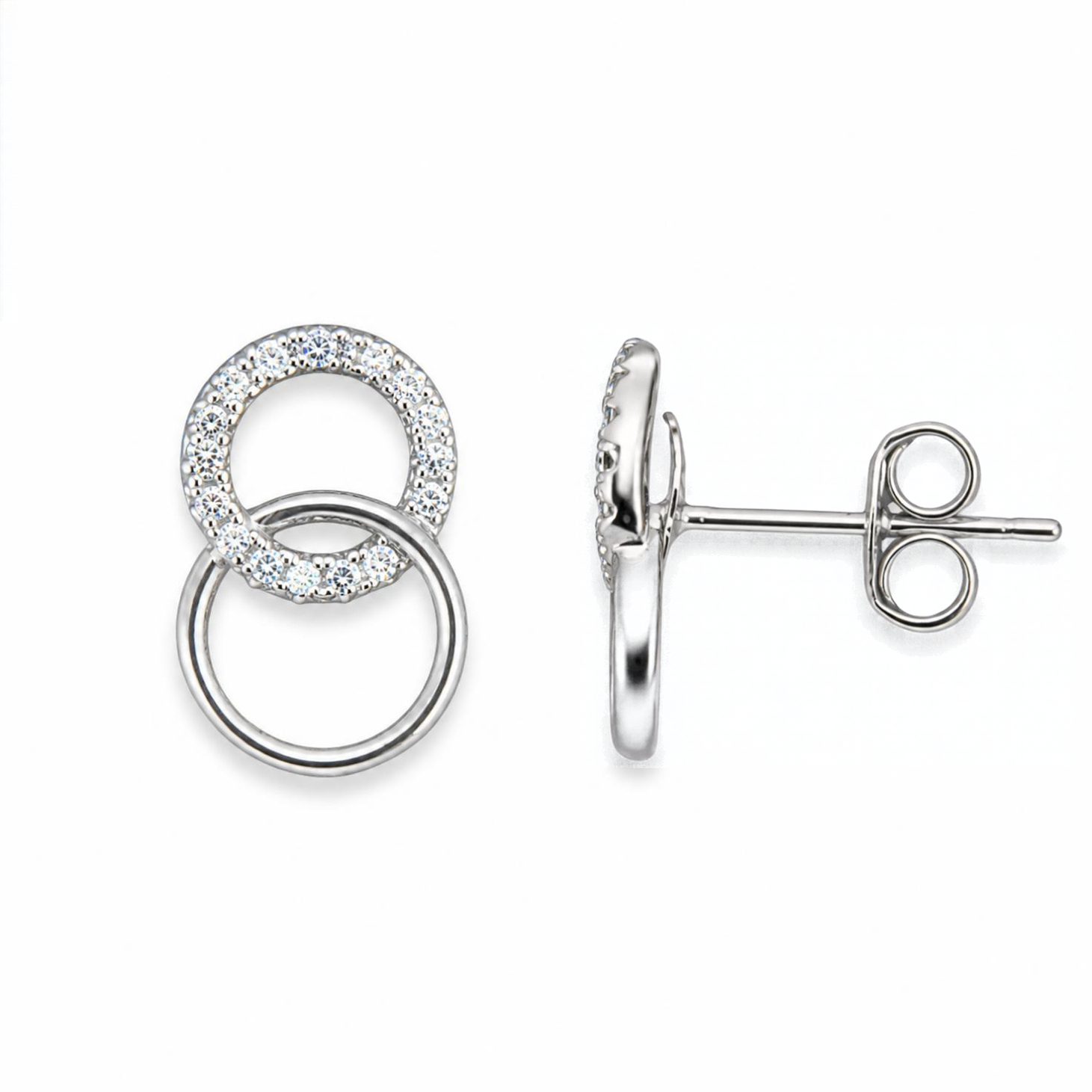 Sterling Silver Interlocking Circles Stud Earrings, Pave-Set CZ