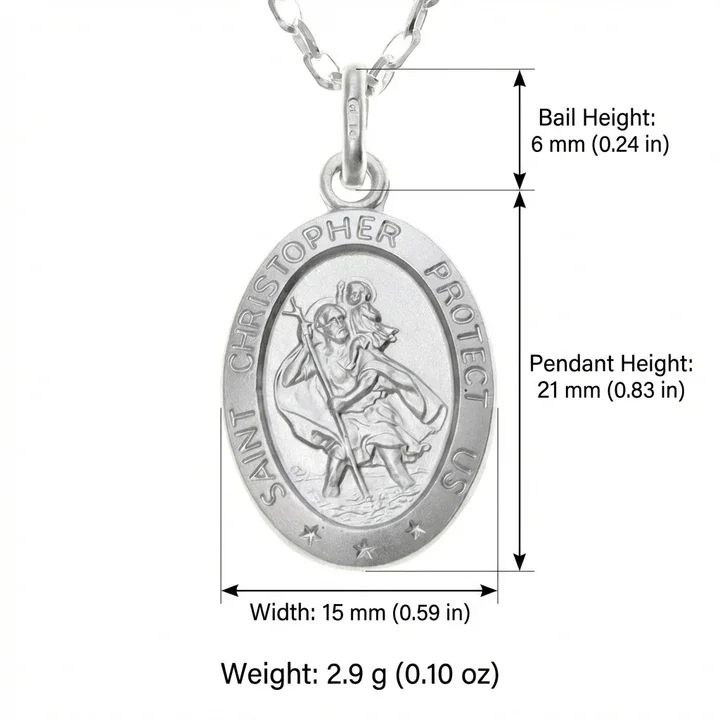 Sterling Silver oval St Christopher pendant. Embossed figural scene, product dimensions shown, 21mm height by 15mm width, 6mm bail and jump ring height, weight 2.9g