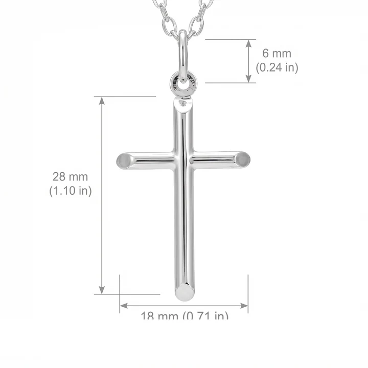 Sterling Silver plain cross pendant, round tubular arms, product dimensions shown, 28mm height by 18mm width
