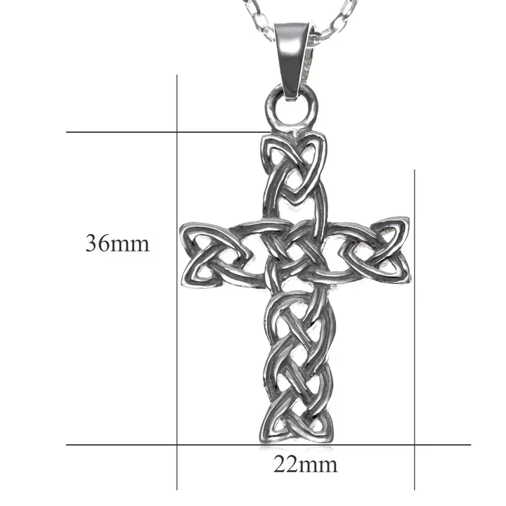 Large Sterling Silver Celtic cross pendant with open plaitwork knotwork, product dimensions shown, 36mm height by 22mm width