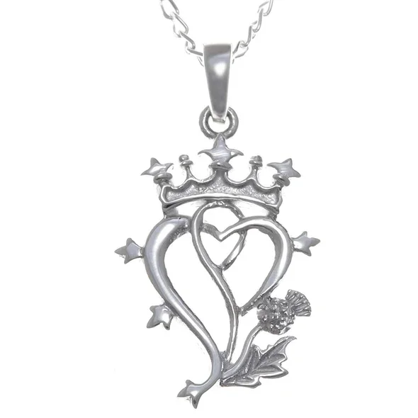 Sterling Silver Scottish Luckenbooth Pendant, crowned intertwined hearts, thistle detail.