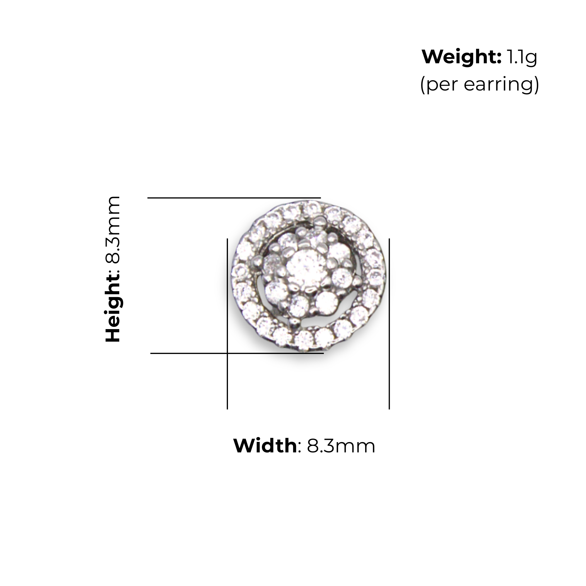 Sterling Silver CZ Cluster Halo Stud Earrings, product dimensions shown, width 8.3mm, height 8.3mm, weight 1.1g per earring