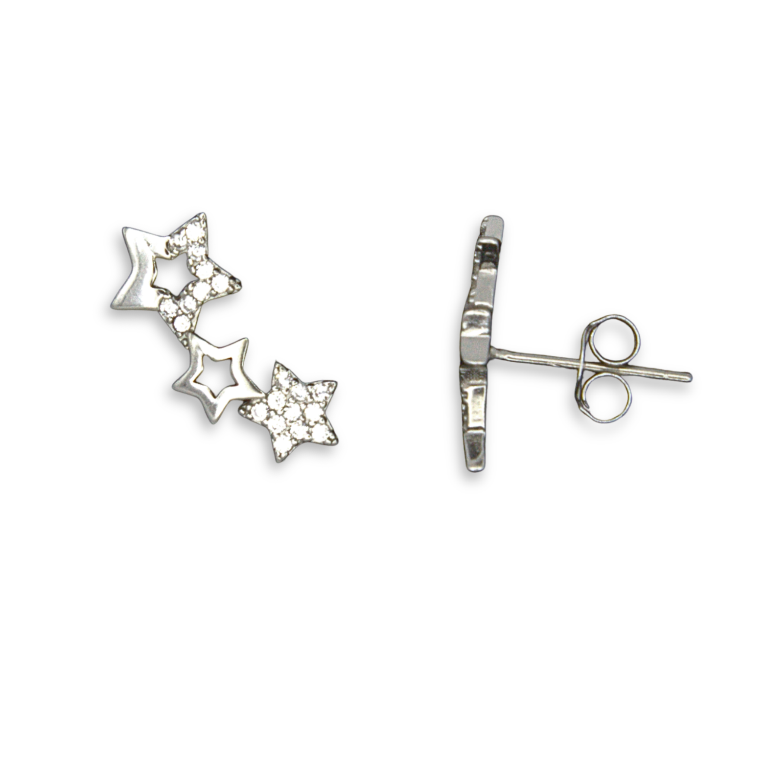 Sterling Silver Triple Star Stud Earrings, Pave-Set CZ Detail
