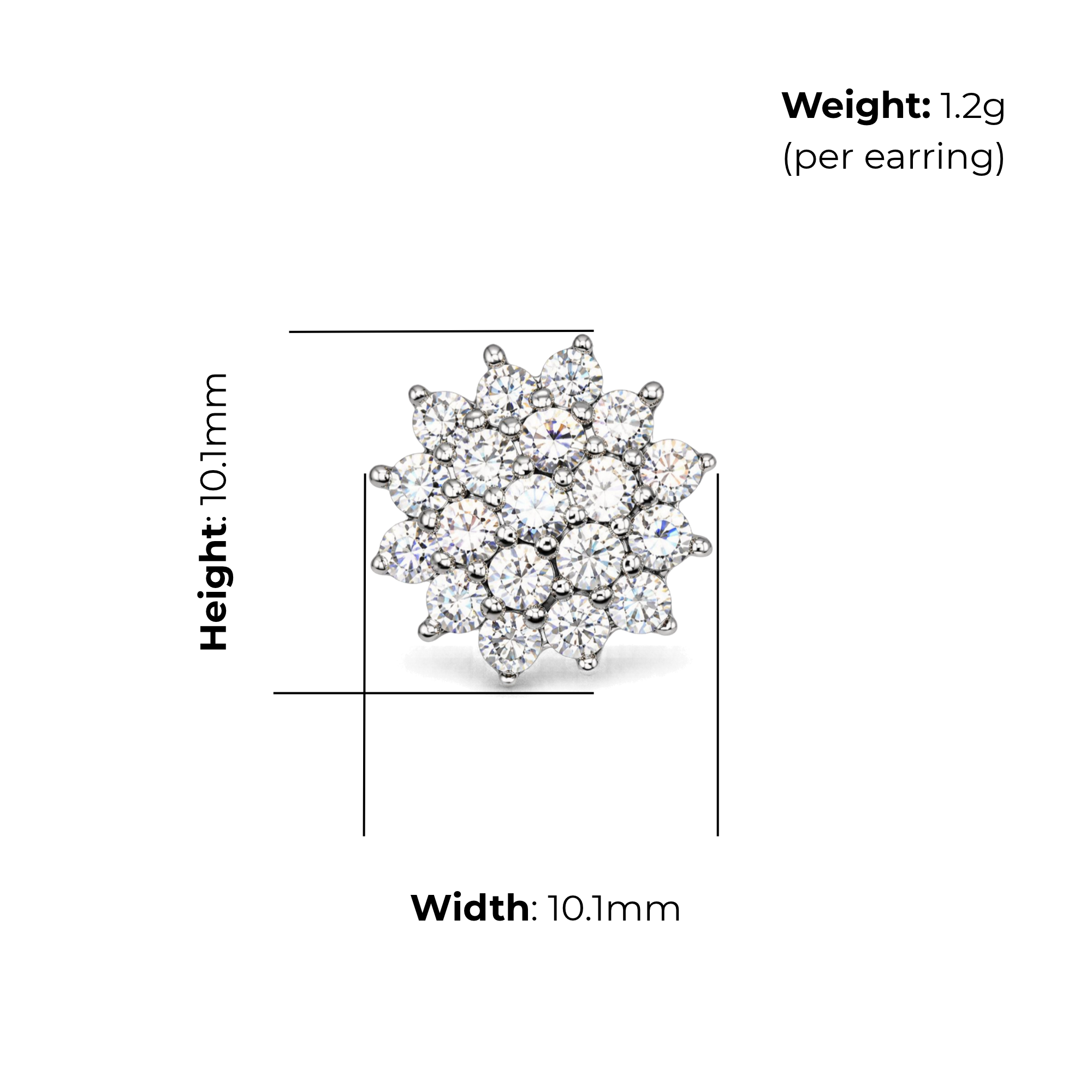 Sterling Silver Flower Cluster Stud Earrings, Pave-Set CZ, product dimensions shown, width 10.1mm, height 10.1mm, weight 1.2g per earring.