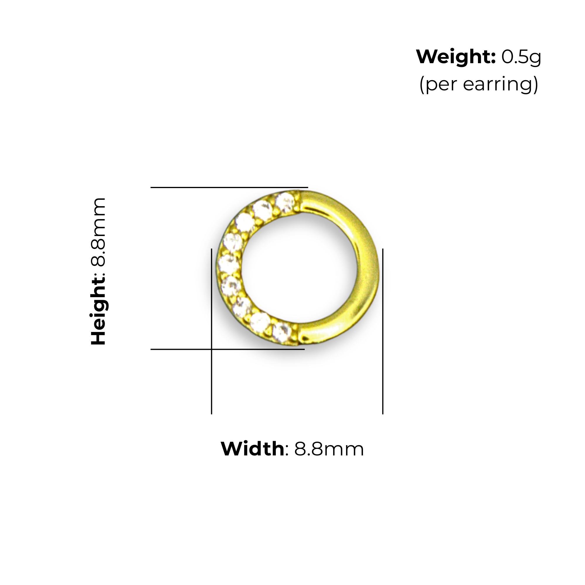 Sterling Silver Open Circle Stud Earrings, Gold Plated, Pave-Set CZ, product dimensions shown, width 8.8mm, height 8.8mm, weight 0.5g per earring.