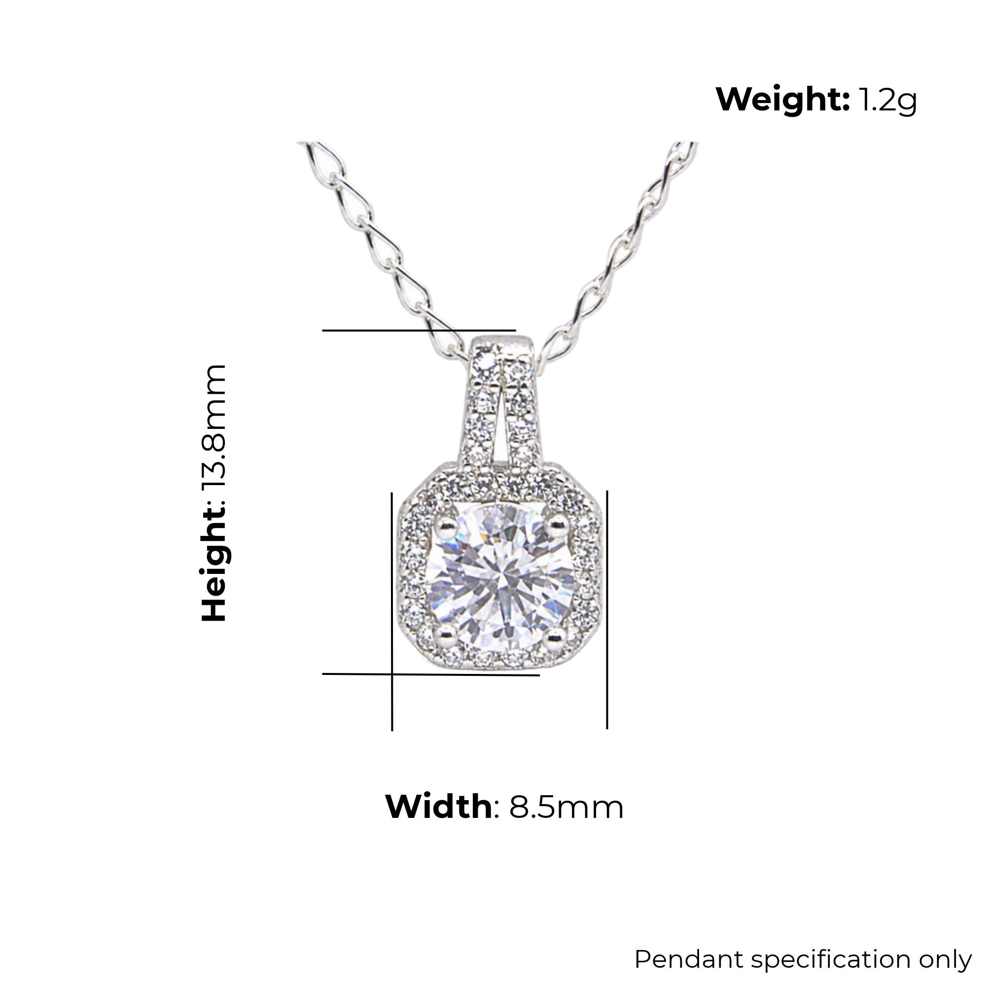 Sterling Silver Round CZ Halo Pendant, product dimensions shown, width 8.5mm, height 13.8mm, weight 1.2g pendant specification only