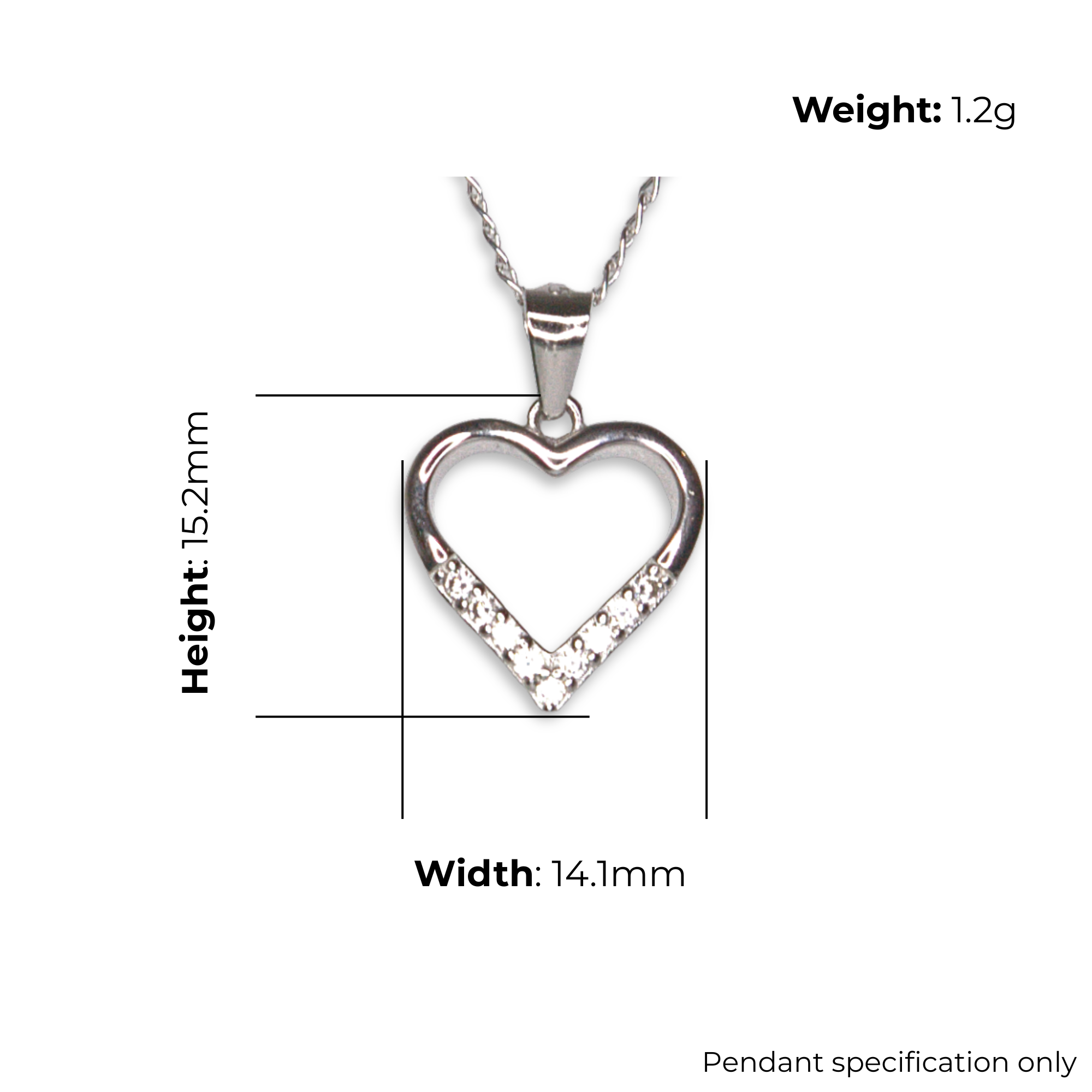 Sterling Silver Open Heart Pendant with CZ, product dimensions shown, width 14.1mm, height 15.2mm, weight 1.2g, pendant specification only