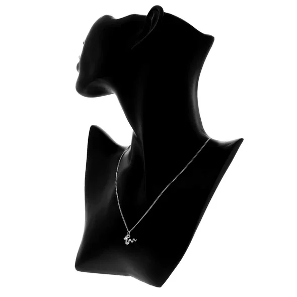 Sterling Silver Loch Ness Monster Pendant, sinuous serpentine form, scaled texture, shown on modelling bust at neckline