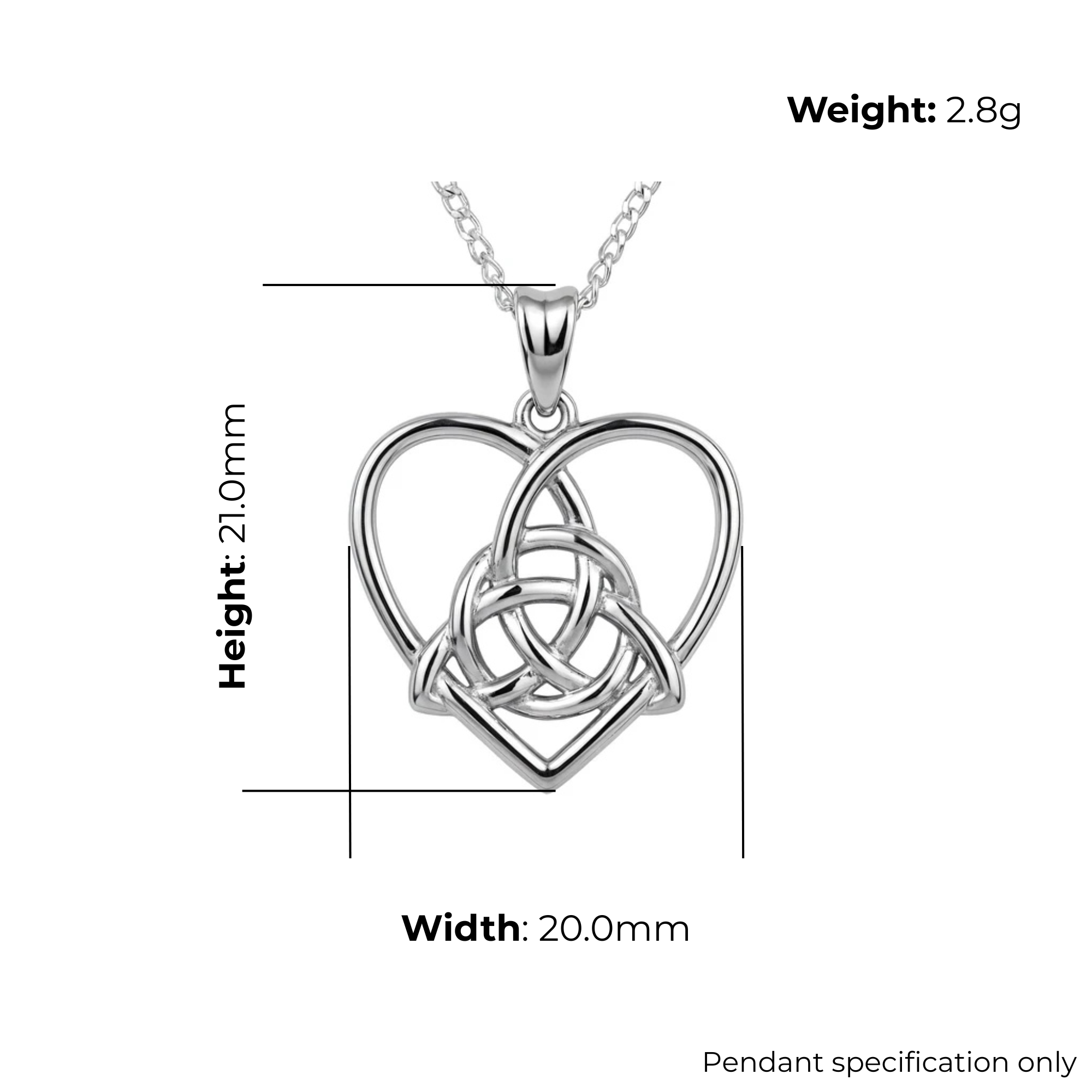 Sterling Silver Celtic Trinity Knot Heart Pendant, open heart frame, high mirror polish, product dimensions shown, width 20mm, height 21mm, weight 2.8g, pendant specification only